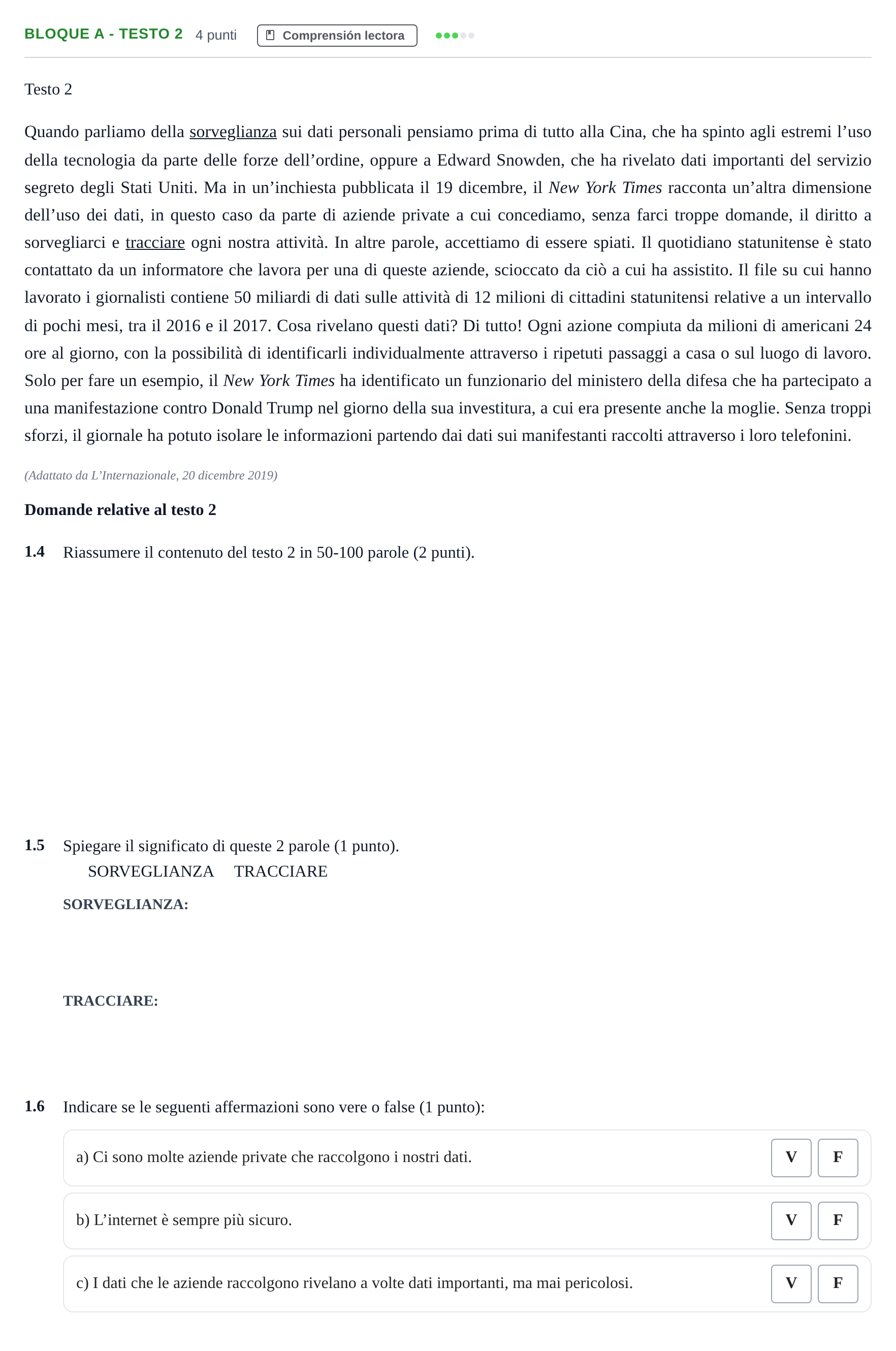 Enunciado: Bloque A - Testo 2 · Italiano PAU Andalucía Examen 1 2020