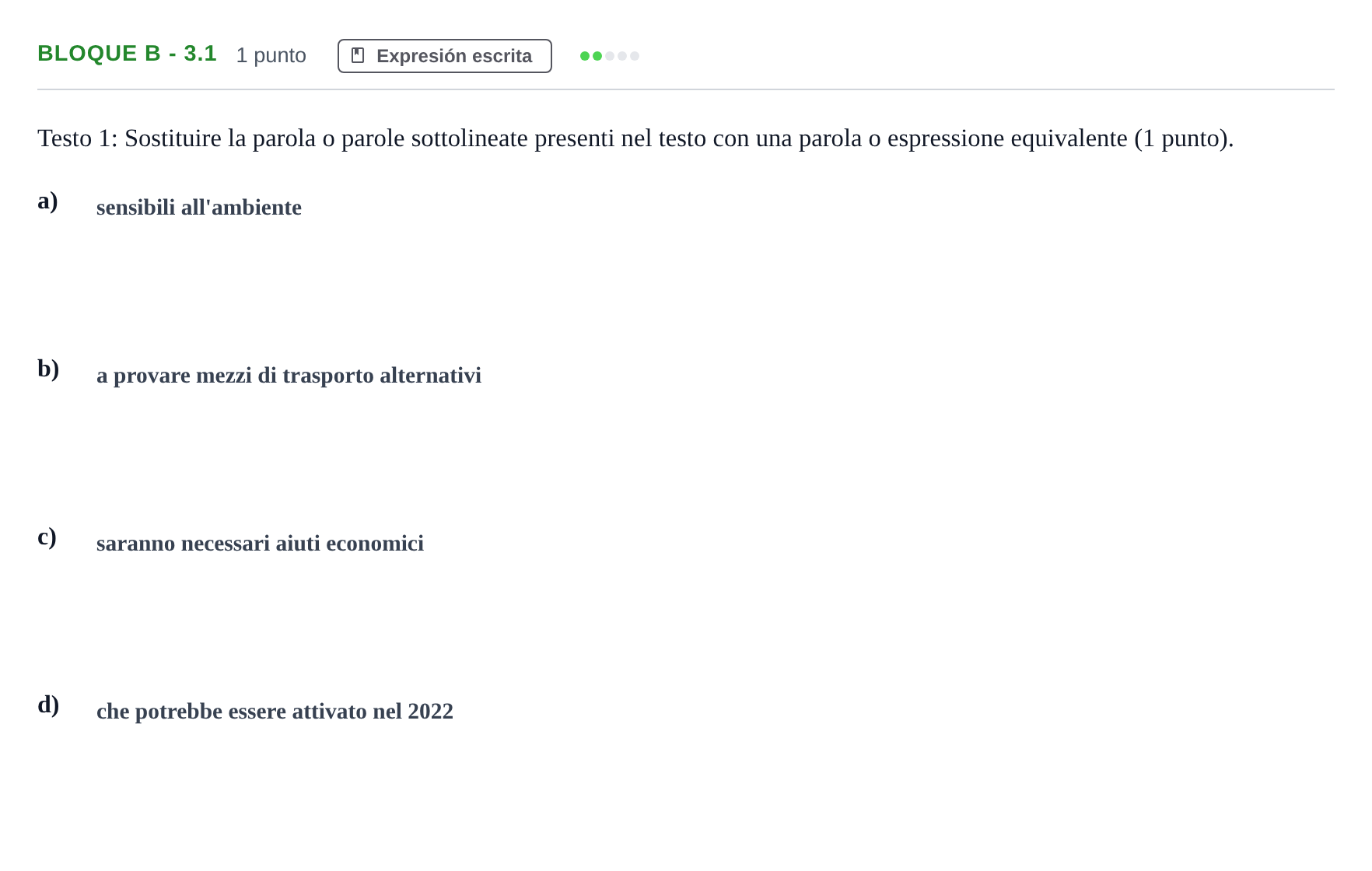 Enunciado: Bloque B - 3.1 · Italiano PAU Andalucía Examen 1 2020