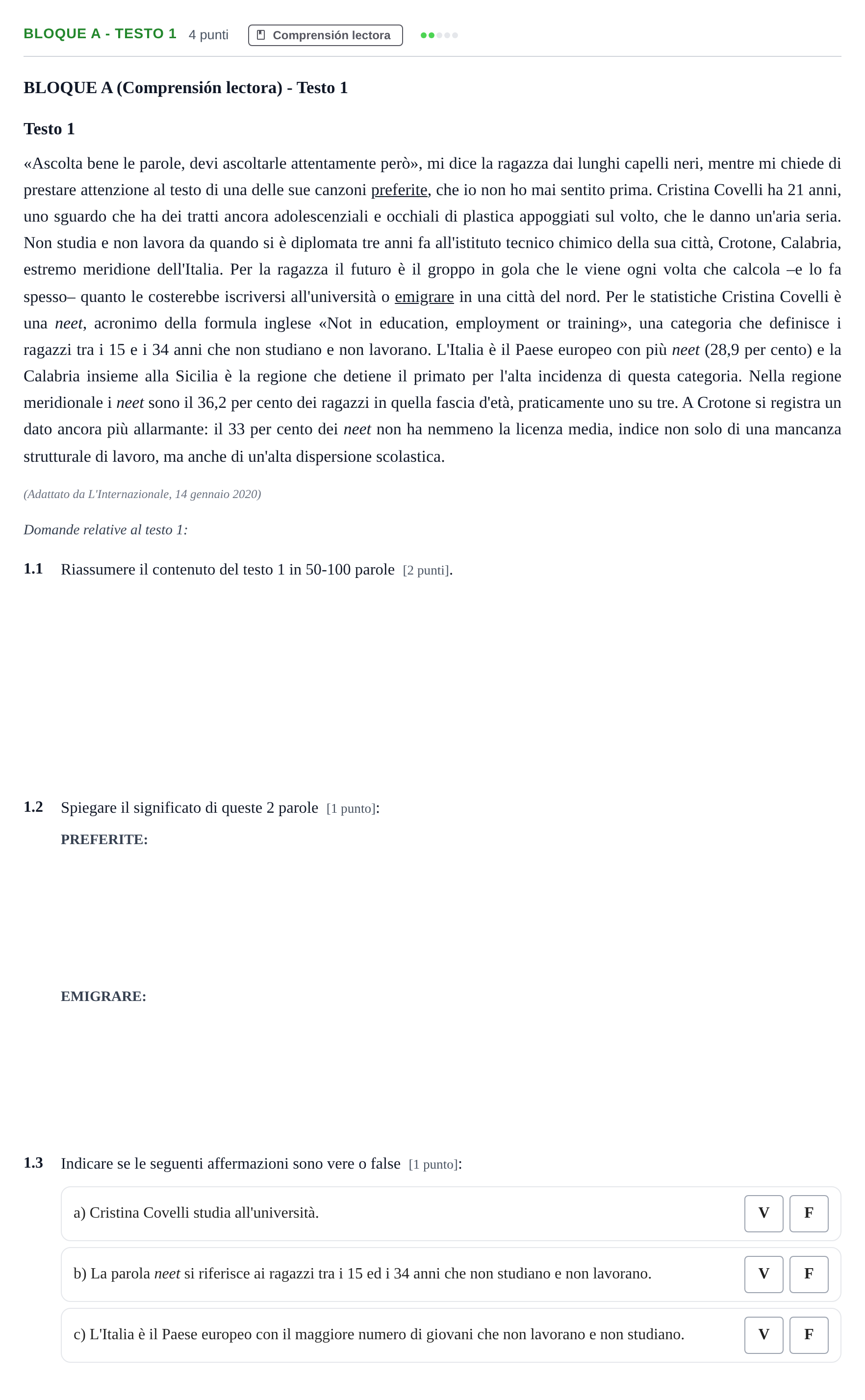 Enunciado: Bloque A - Testo 1 · Italiano PAU Andalucía Examen 3 2020