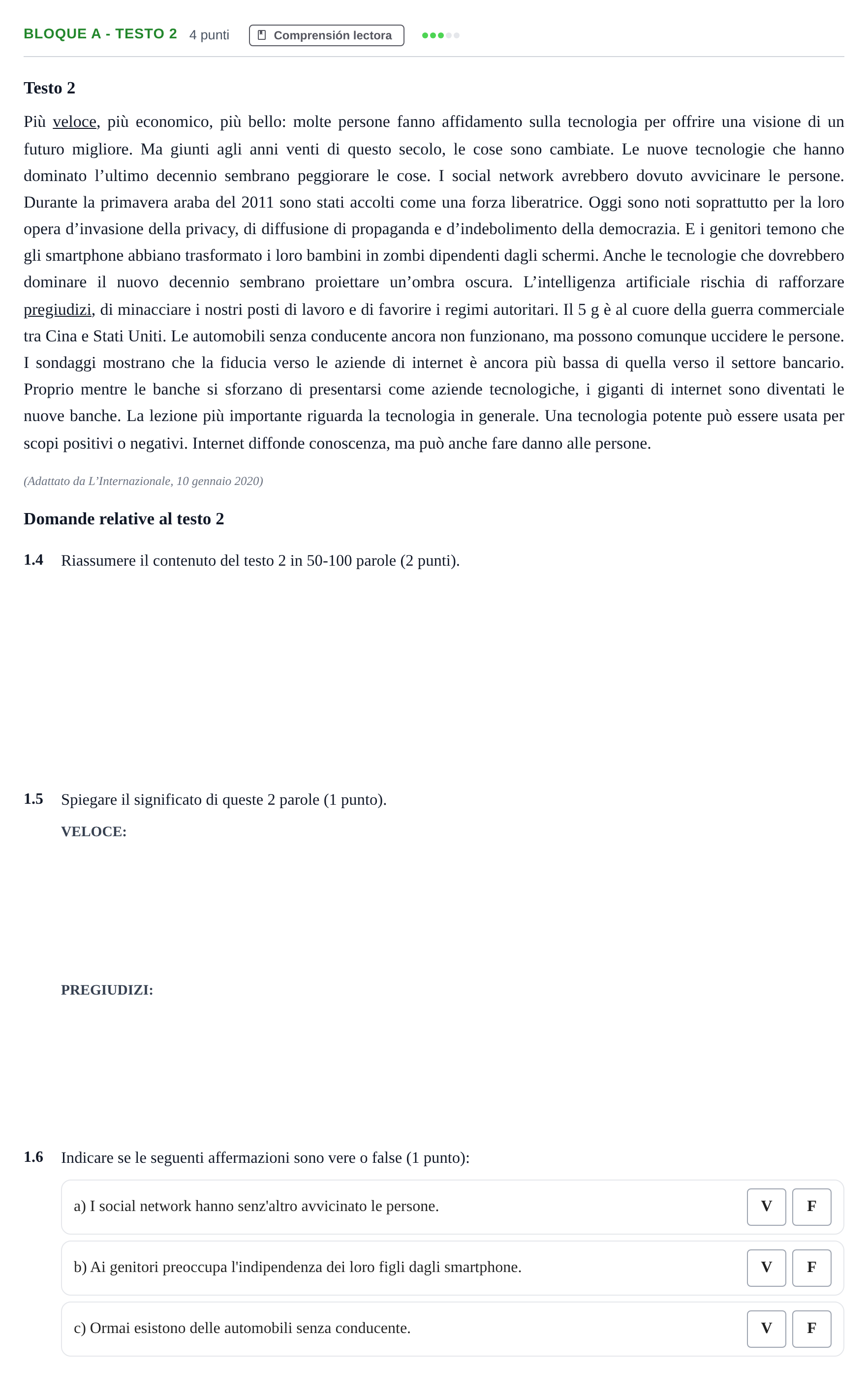 Enunciado: Bloque A - Testo 2 · Italiano PAU Andalucía Examen 3 2020