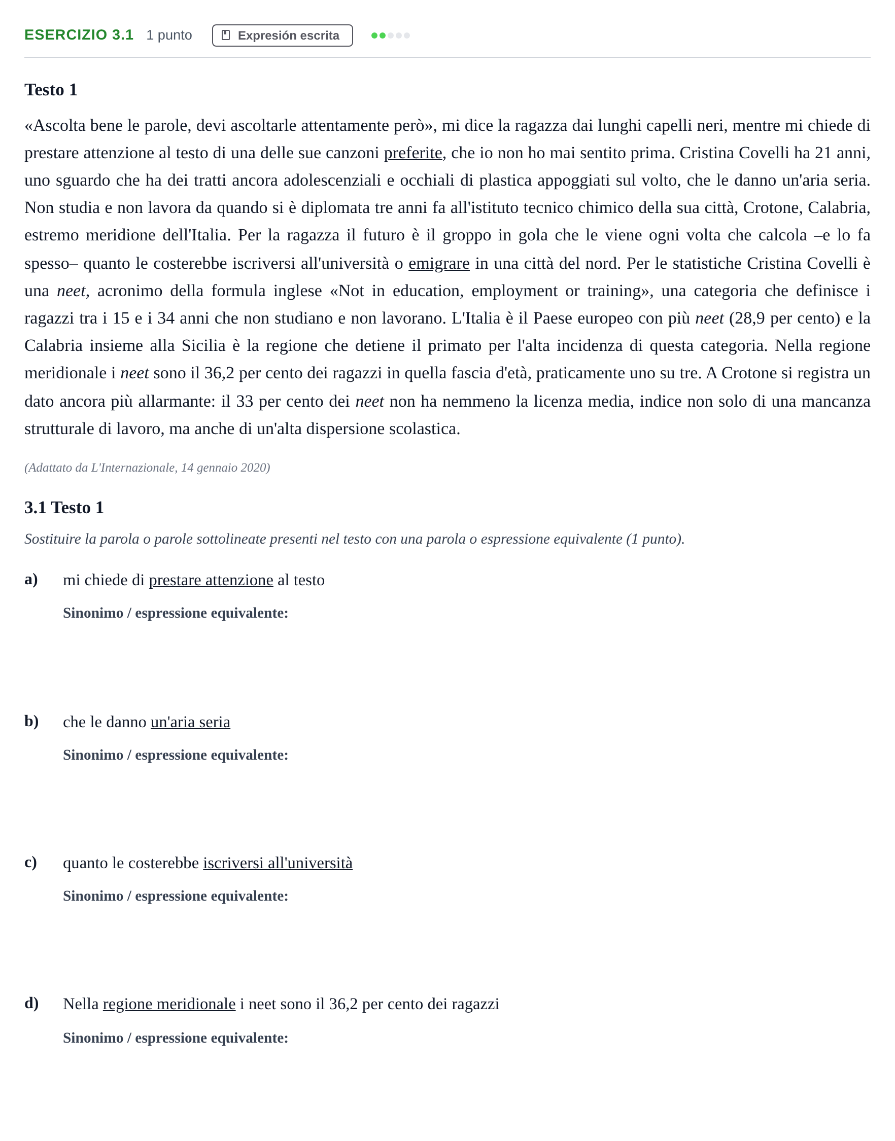 Enunciado: Ejercicio 3.1 · Italiano PAU Andalucía Examen 3 2020