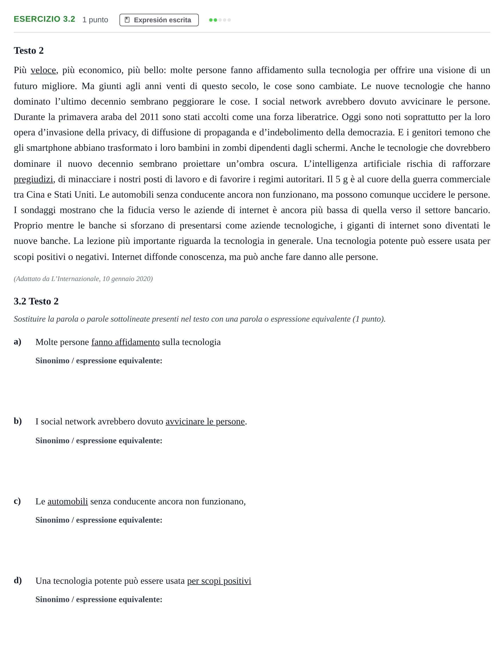 Enunciado: Ejercicio 3.2 · Italiano PAU Andalucía Examen 3 2020