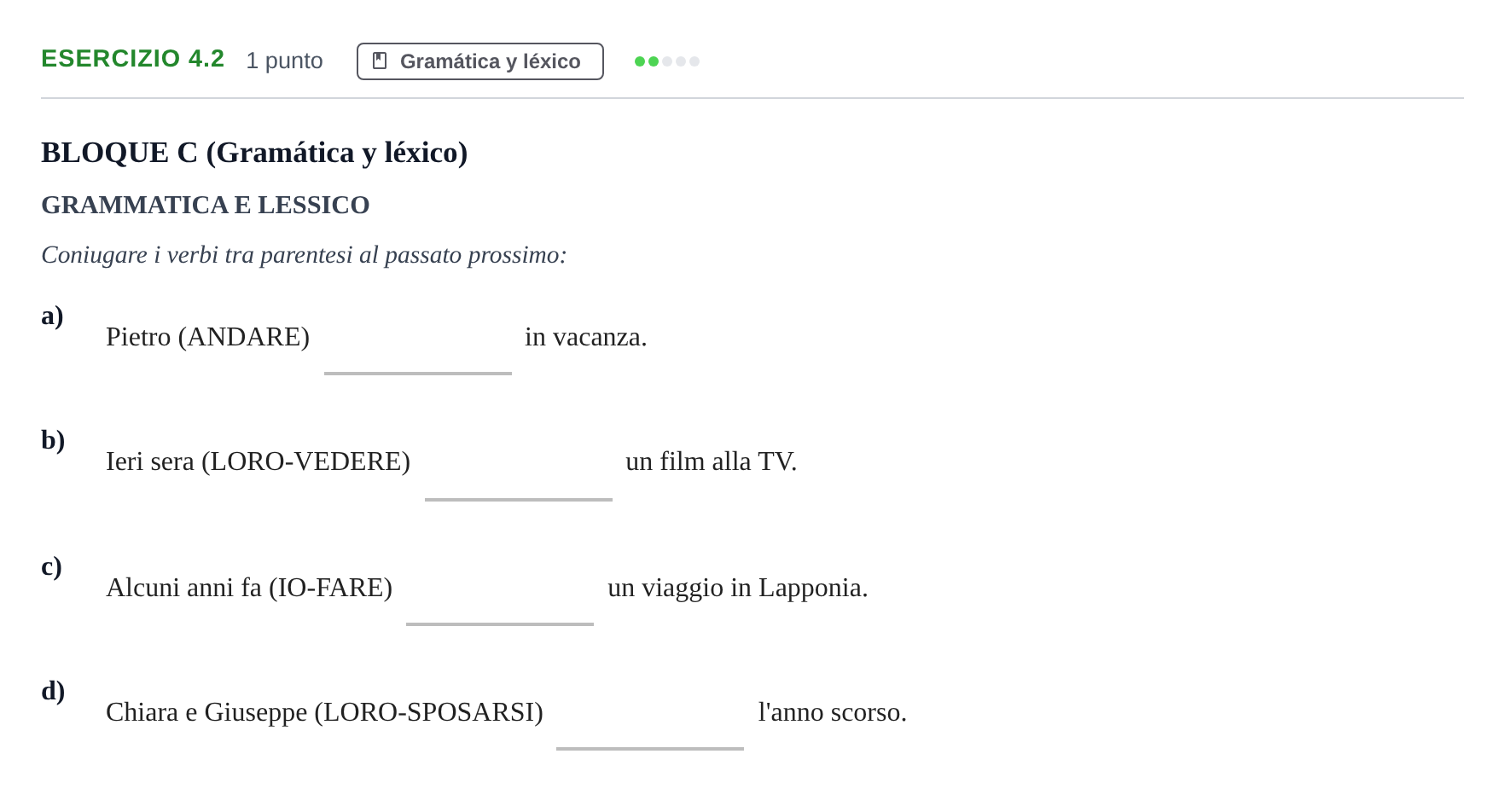 Enunciado: Ejercicio 4.2 · Italiano PAU Andalucía Examen 3 2020