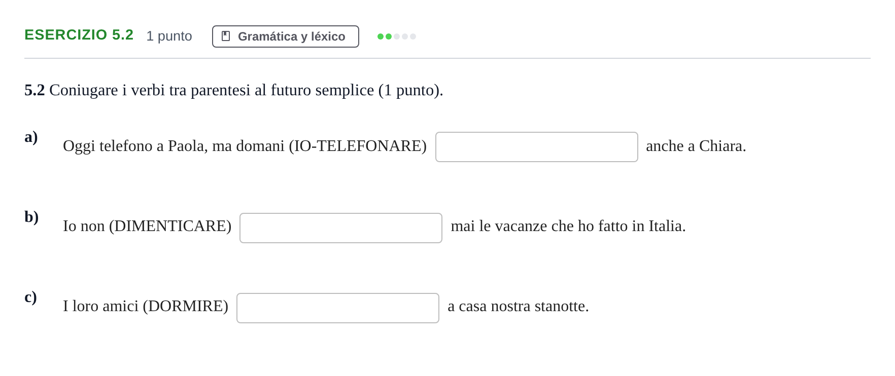 Enunciado: Ejercicio 5.2 · Italiano PAU Andalucía Examen 3 2020