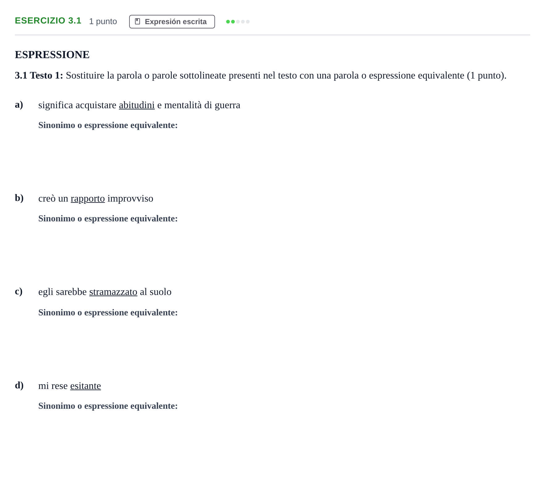Enunciado: Ejercicio 3.1 · Italiano PAU Andalucía Examen 4 2020