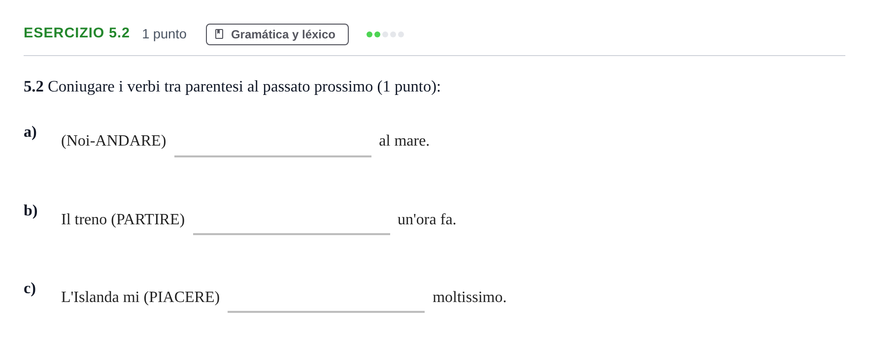 Enunciado: Ejercicio 5.2 · Italiano PAU Andalucía Examen 4 2020