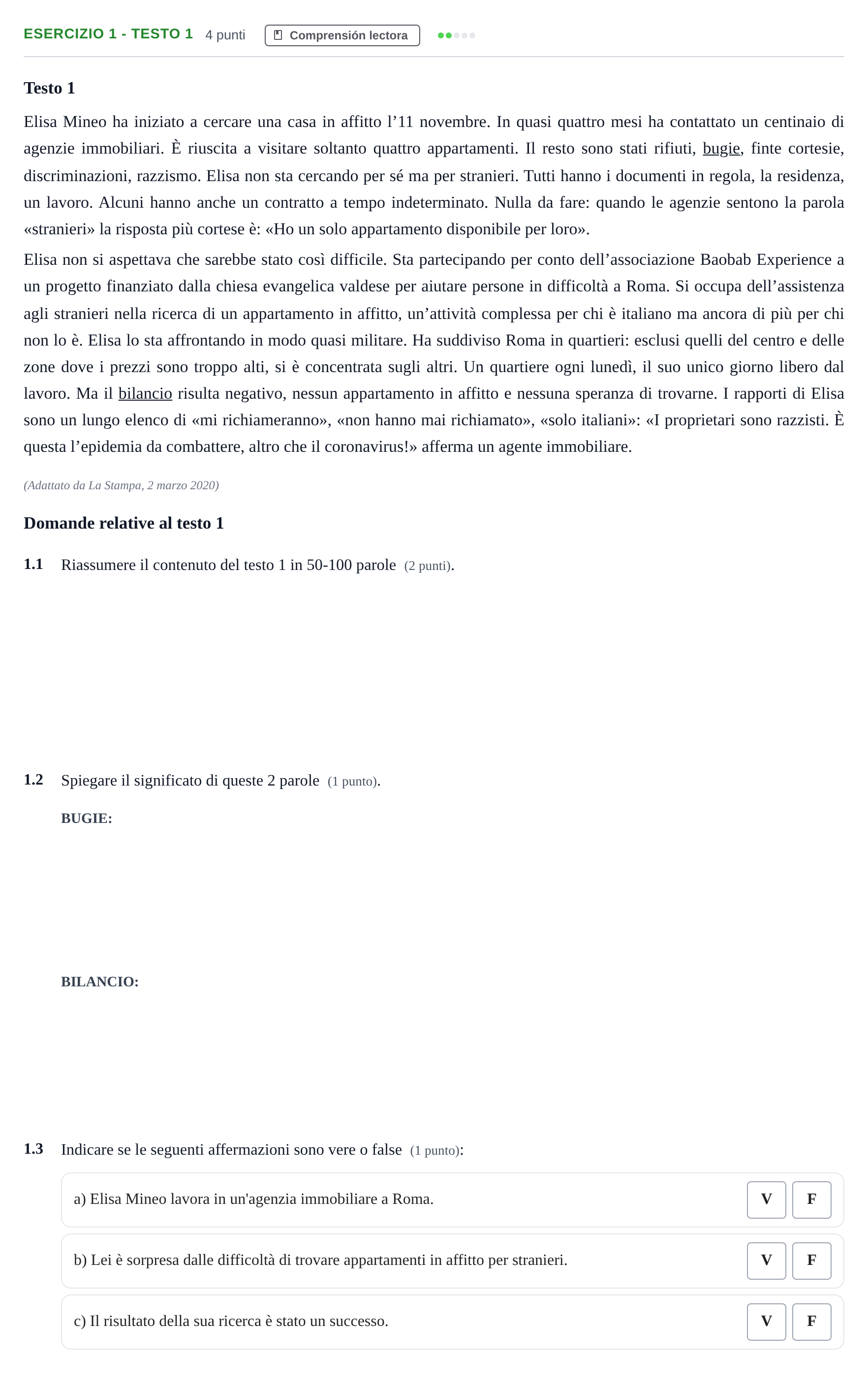 Enunciado: Ejercicio 1 - Testo 1 · Italiano PAU Andalucía Examen 5 2020