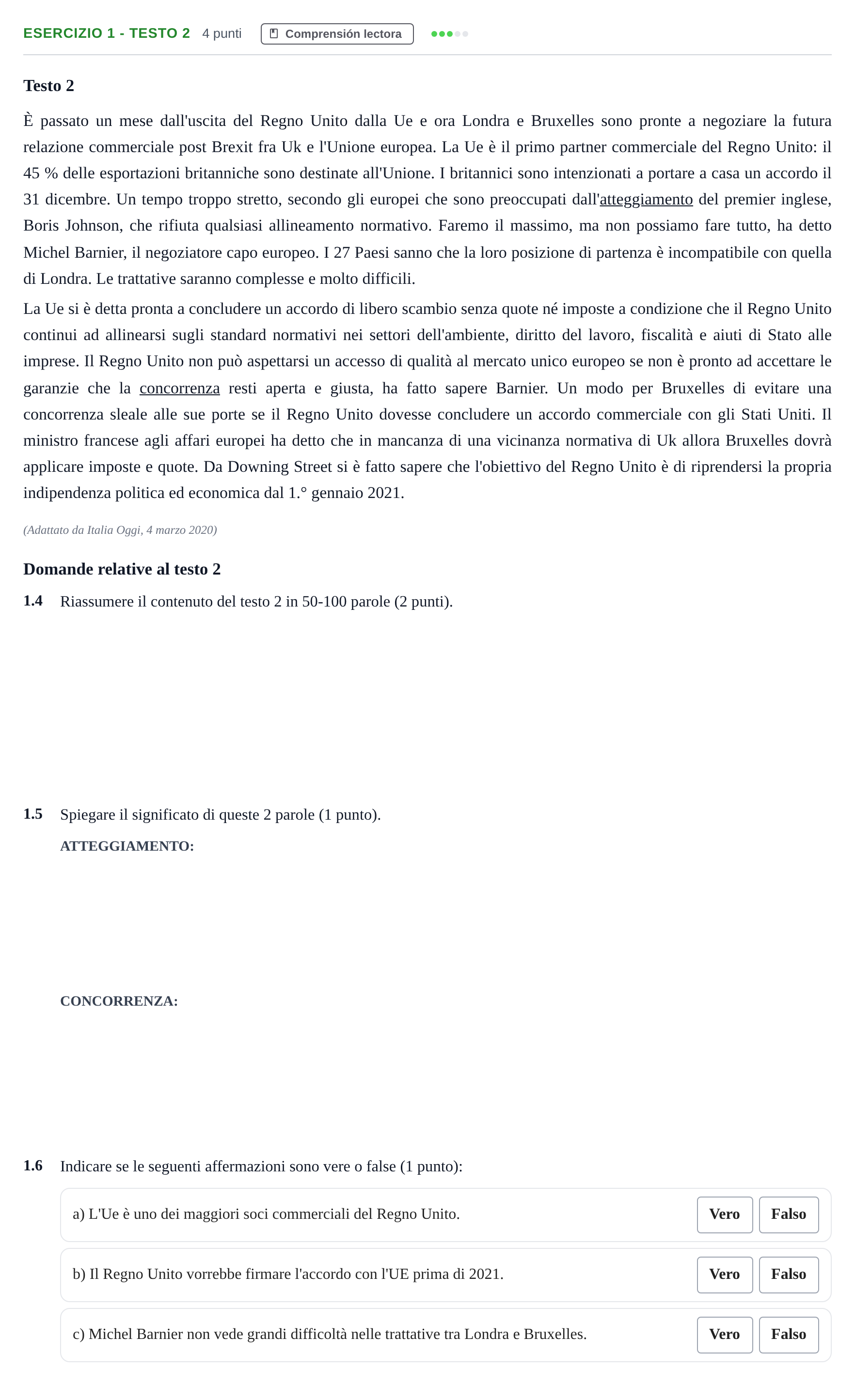 Enunciado: Ejercicio 1 - Testo 2 · Italiano PAU Andalucía Examen 5 2020