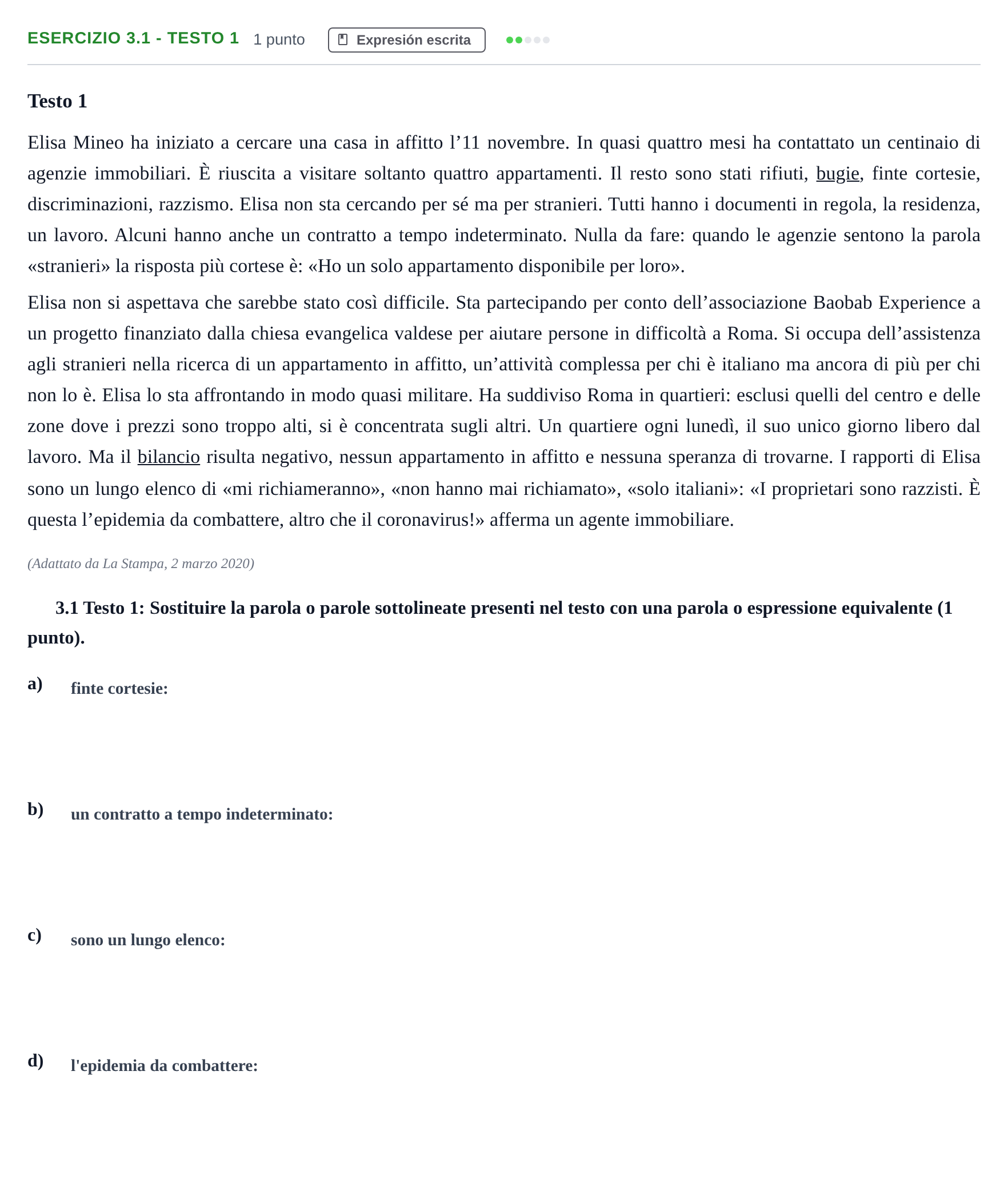 Enunciado: Ejercicio 3.1 - Testo 1 · Italiano PAU Andalucía Examen 5 2020