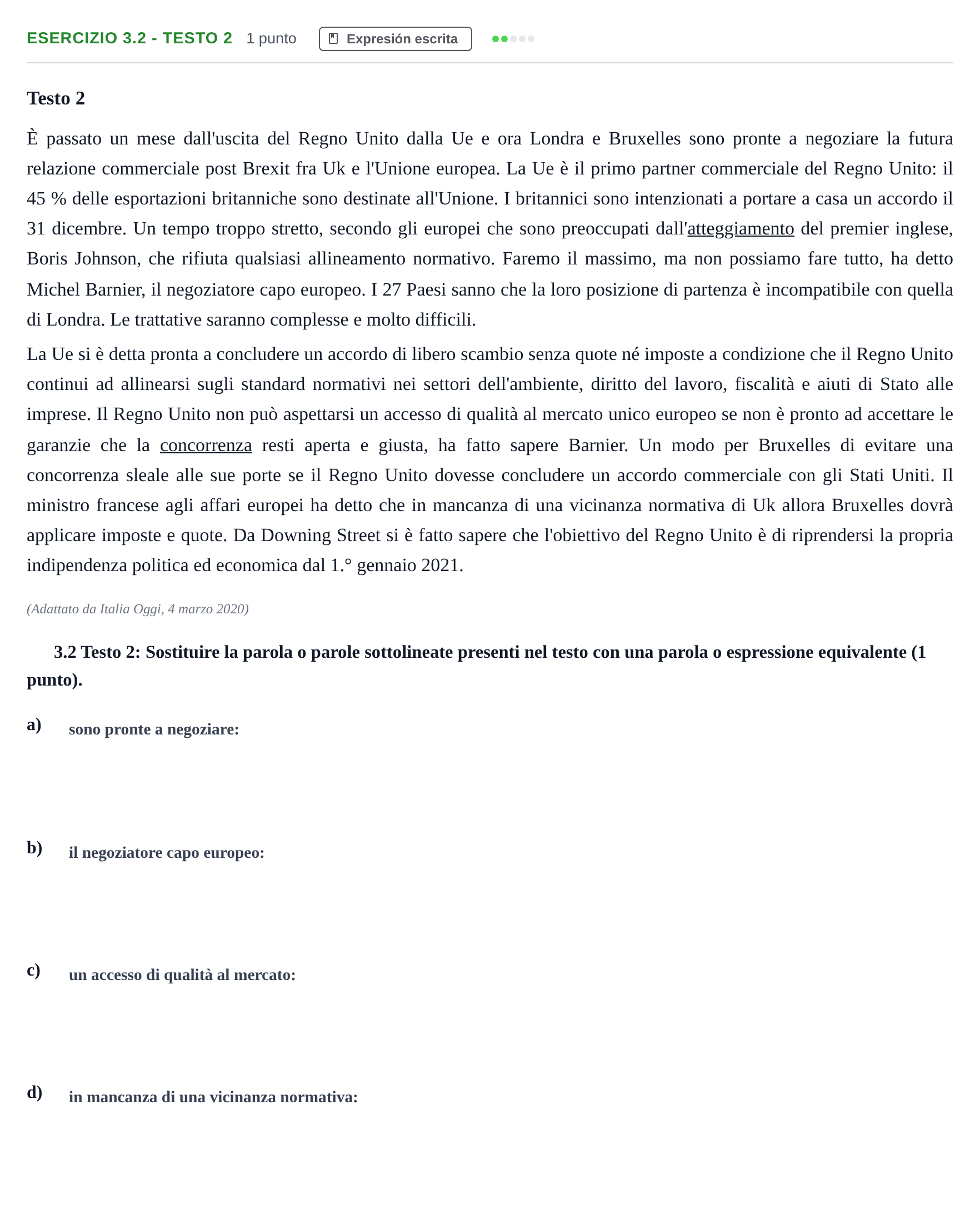 Enunciado: Ejercicio 3.2 - Testo 2 · Italiano PAU Andalucía Examen 5 2020