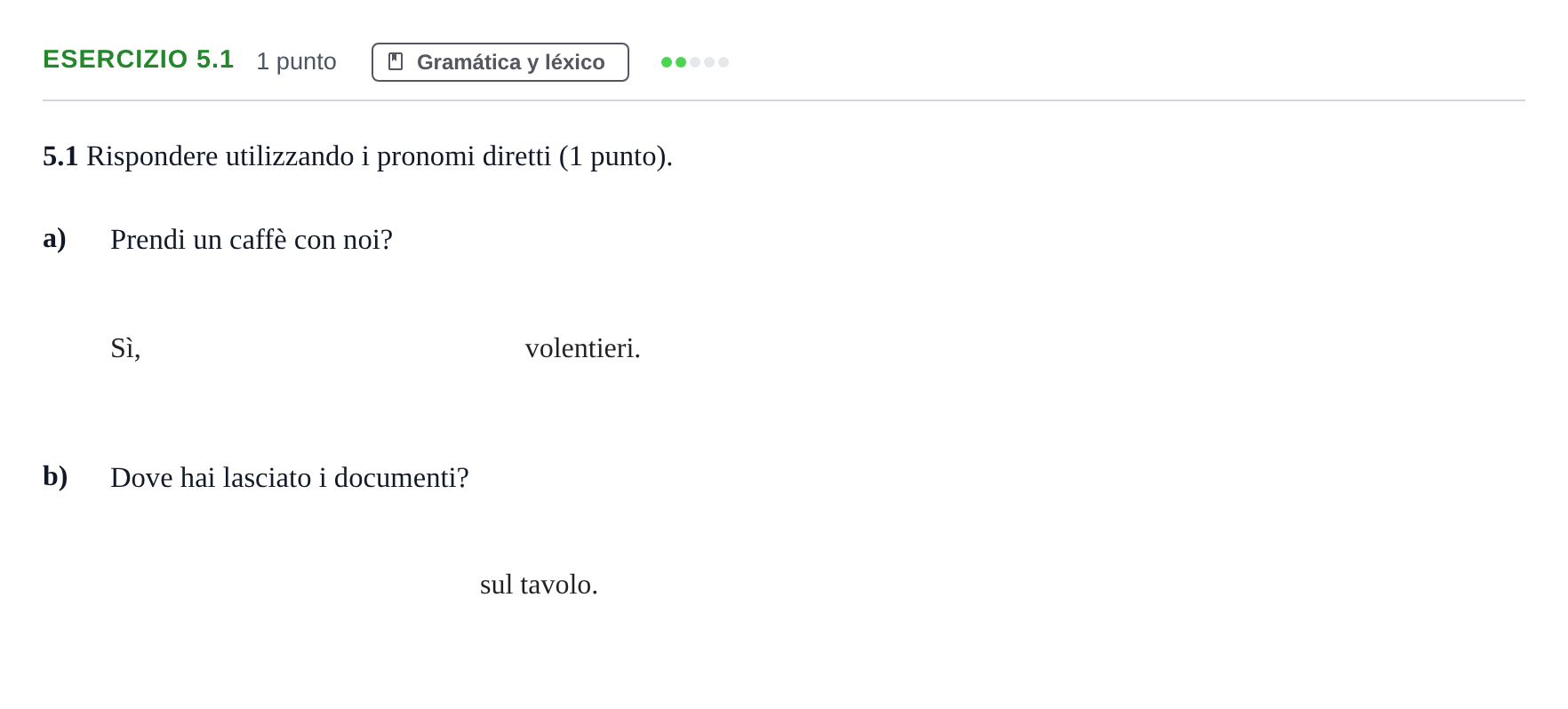 Enunciado: Ejercicio 5.1 · Italiano PAU Andalucía Examen 5 2020