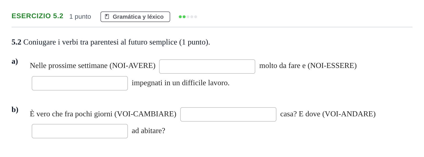 Enunciado: Ejercicio 5.2 · Italiano PAU Andalucía Examen 5 2020