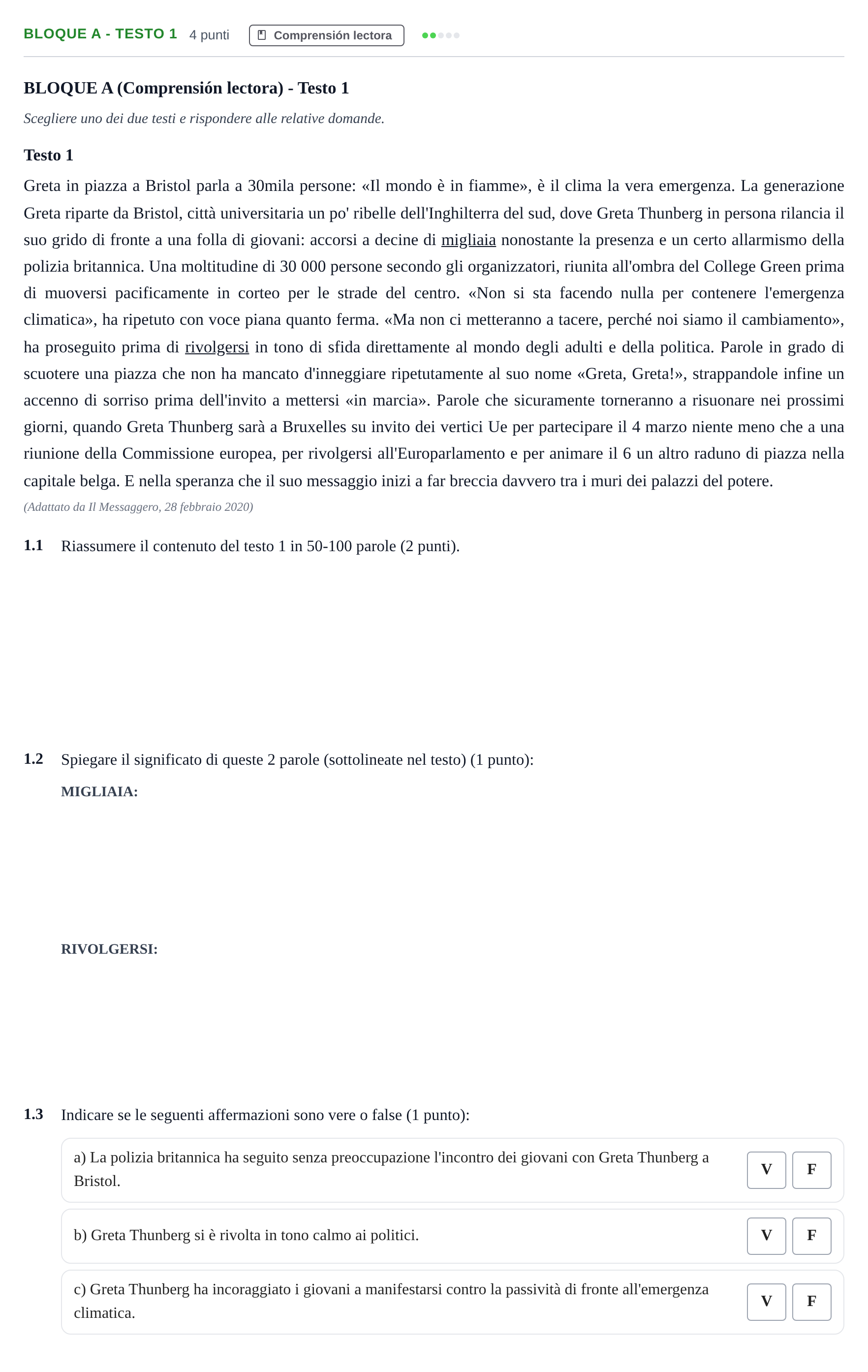 Enunciado: Bloque A - Testo 1 · Italiano PAU Andalucía Examen 6 2020