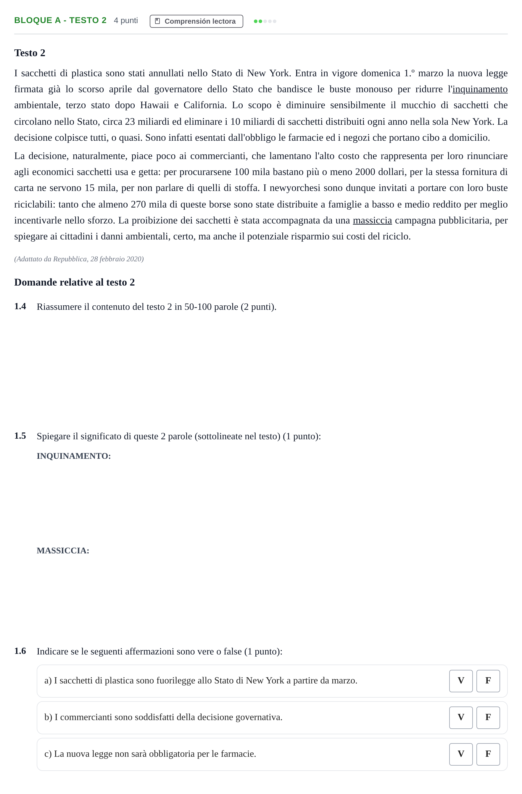 Enunciado: Bloque A - Testo 2 · Italiano PAU Andalucía Examen 6 2020