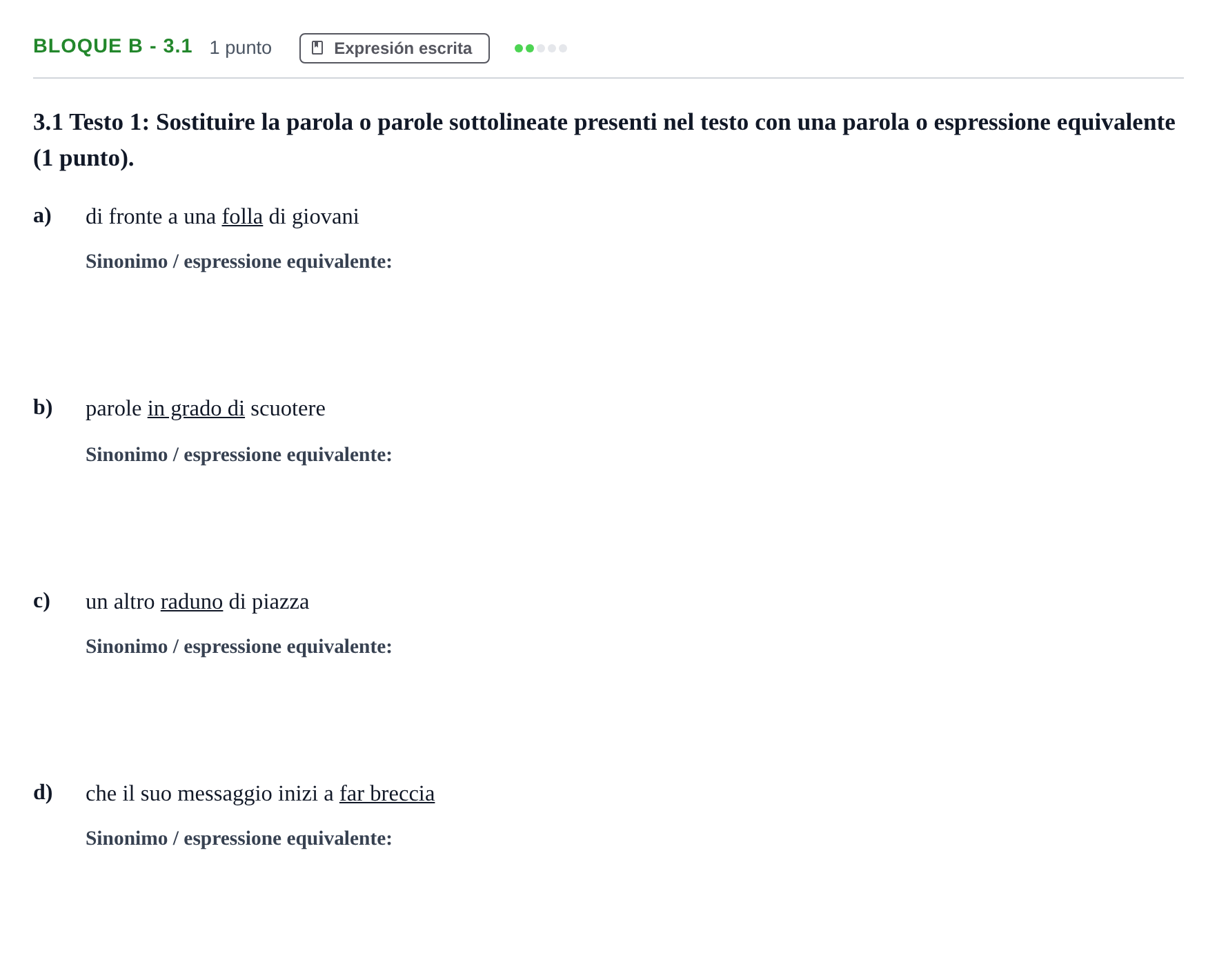 Enunciado: Bloque B - 3.1 · Italiano PAU Andalucía Examen 6 2020