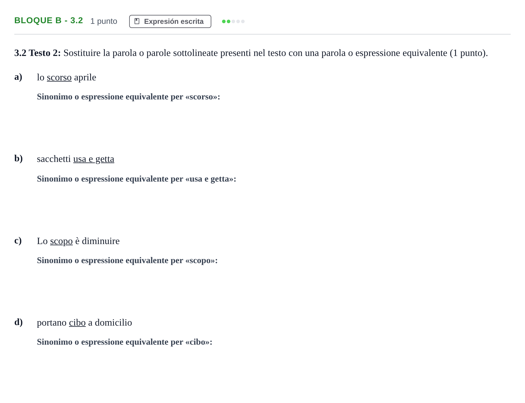 Enunciado: Bloque B - 3.2 · Italiano PAU Andalucía Examen 6 2020