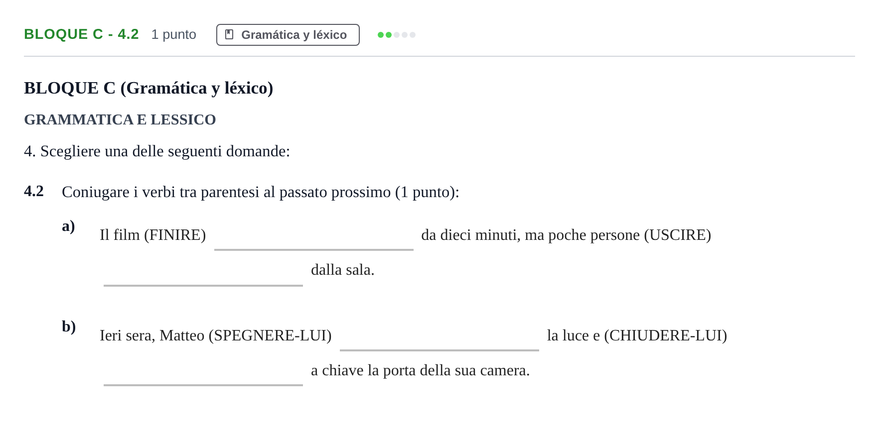 Enunciado: Bloque C - 4.2 · Italiano PAU Andalucía Examen 6 2020