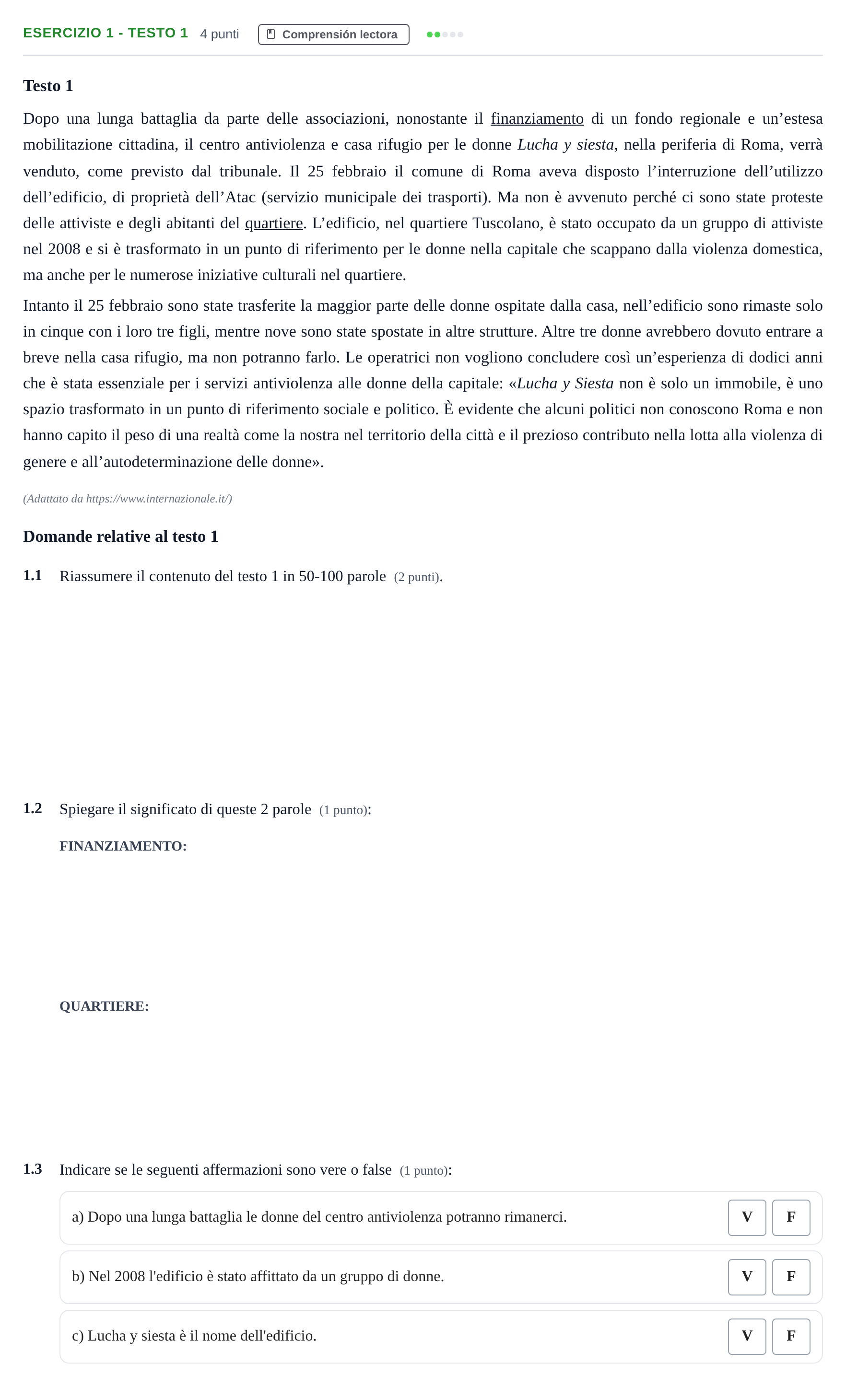 Enunciado: Ejercicio 1 - Testo 1 · Italiano PAU Andalucía Examen 7 2020