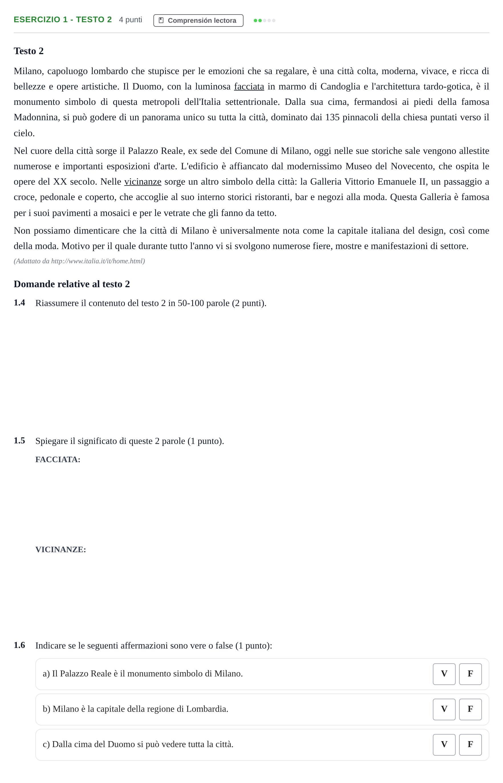 Enunciado: Ejercicio 1 - Testo 2 · Italiano PAU Andalucía Examen 7 2020