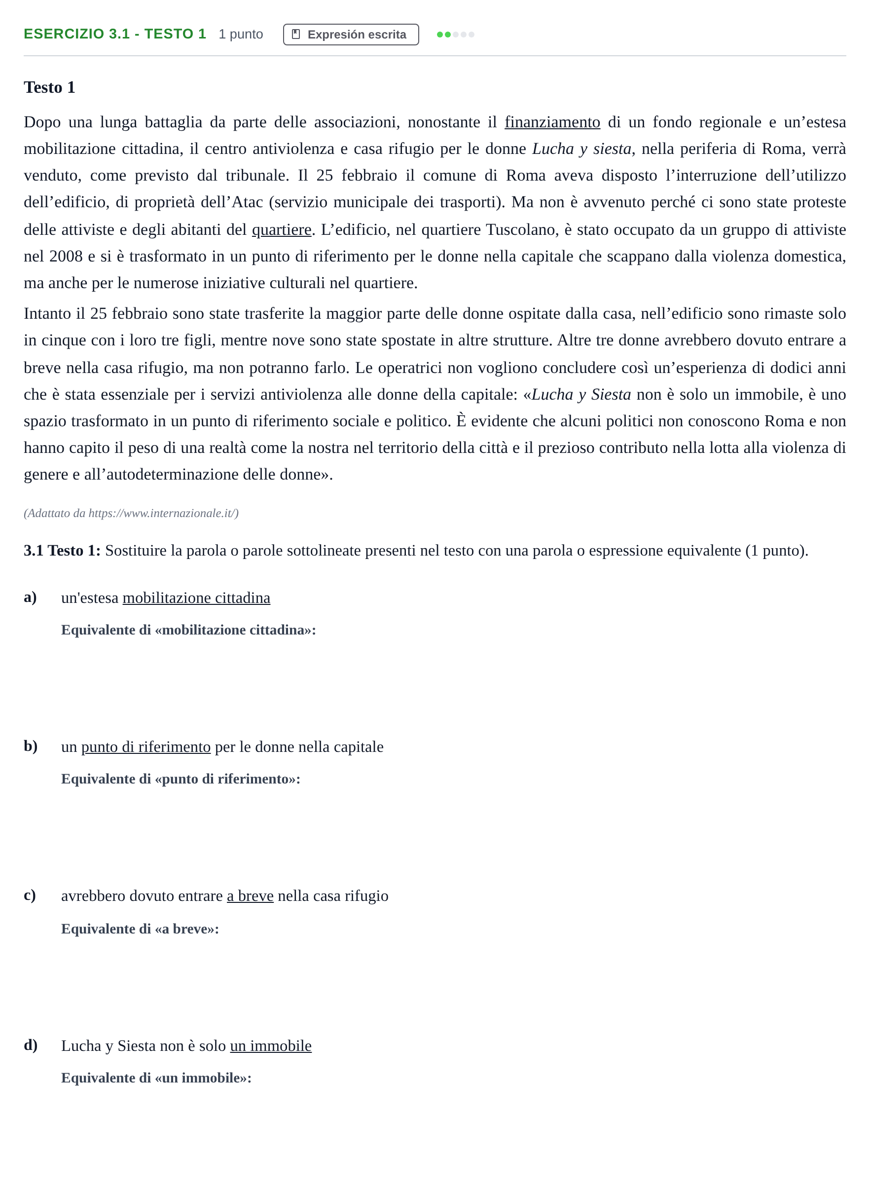 Enunciado: Ejercicio 3.1 - Testo 1 · Italiano PAU Andalucía Examen 7 2020