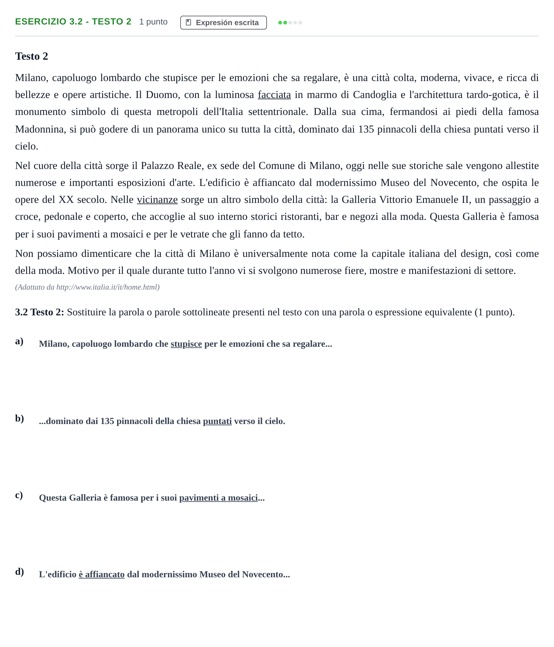 Enunciado: Ejercicio 3.2 - Testo 2 · Italiano PAU Andalucía Examen 7 2020