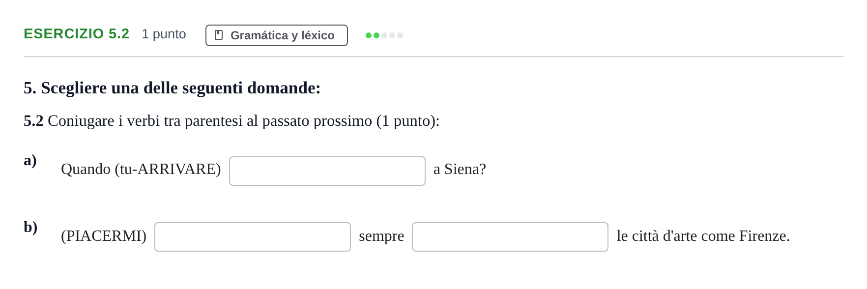 Enunciado: Ejercicio 5.2 · Italiano PAU Andalucía Examen 7 2020