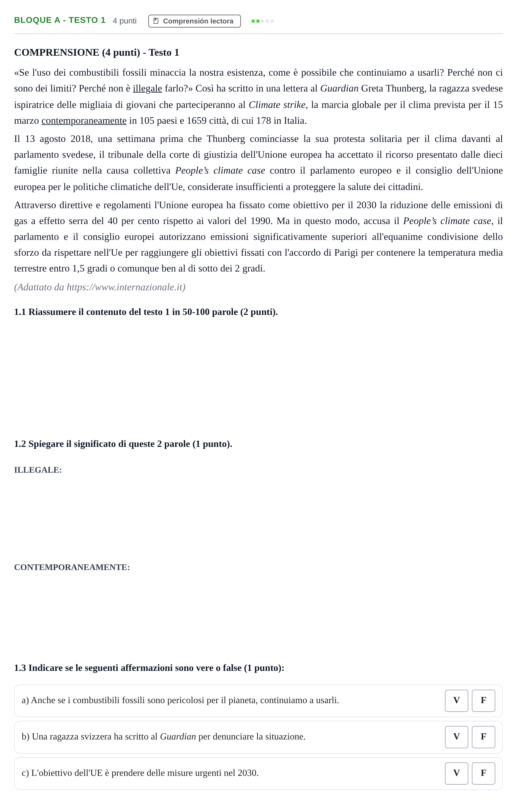 Enunciado: Bloque A - Testo 1 · Italiano PAU Andalucía Examen 8 2020