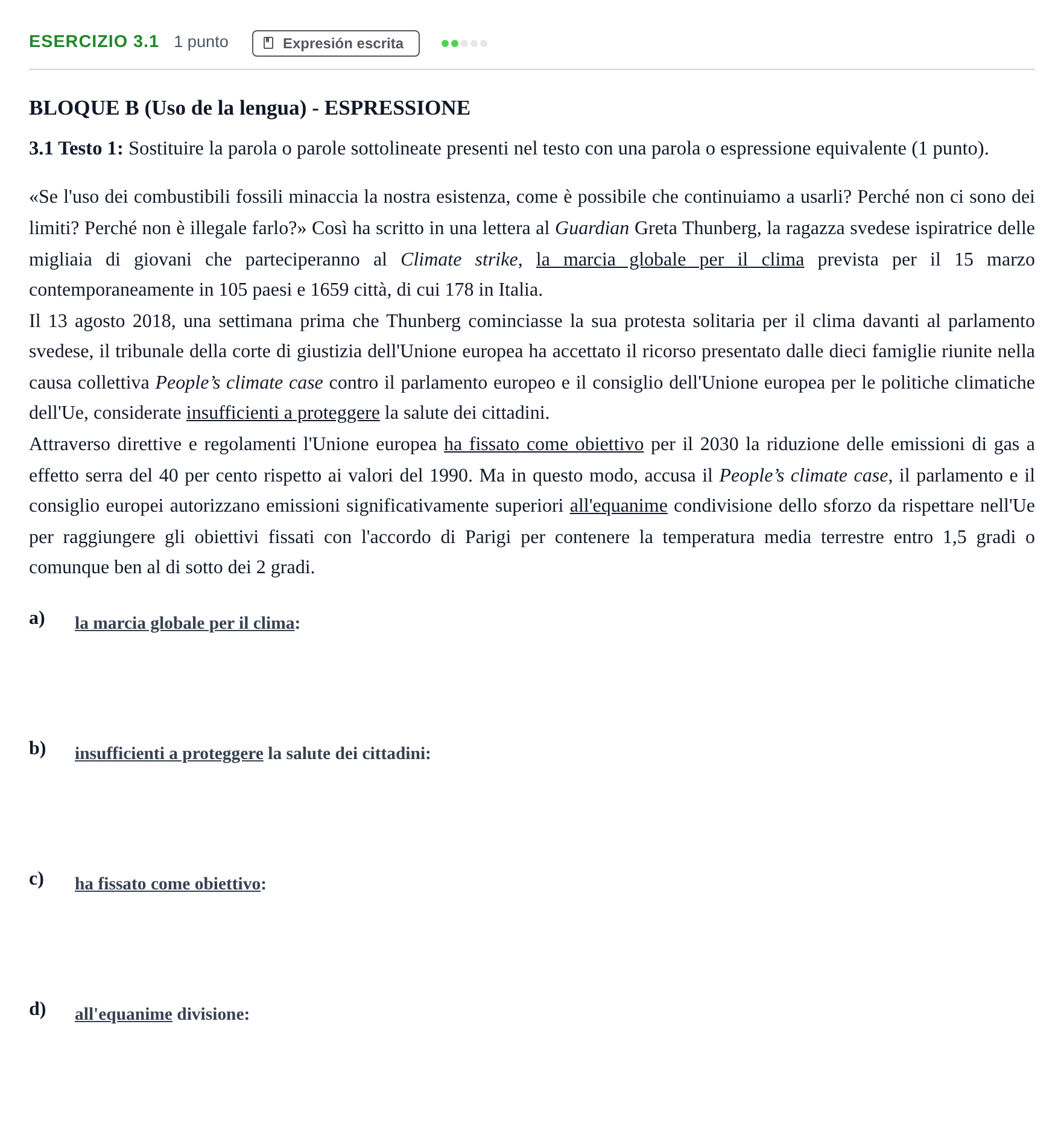 Enunciado: Ejercicio 3.1 · Italiano PAU Andalucía Examen 8 2020