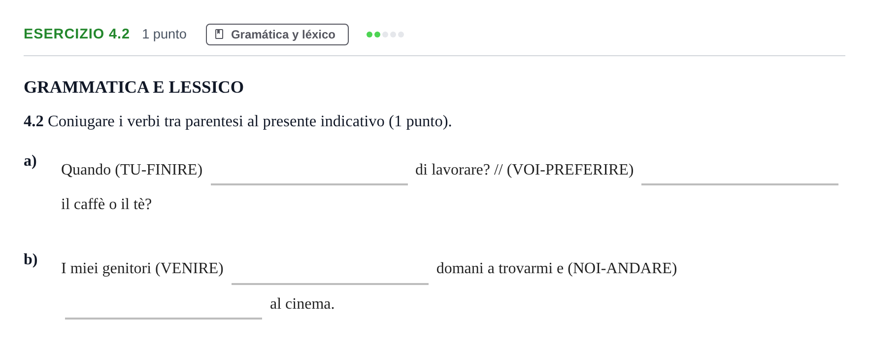 Enunciado: Ejercicio 4.2 · Italiano PAU Andalucía Examen 8 2020