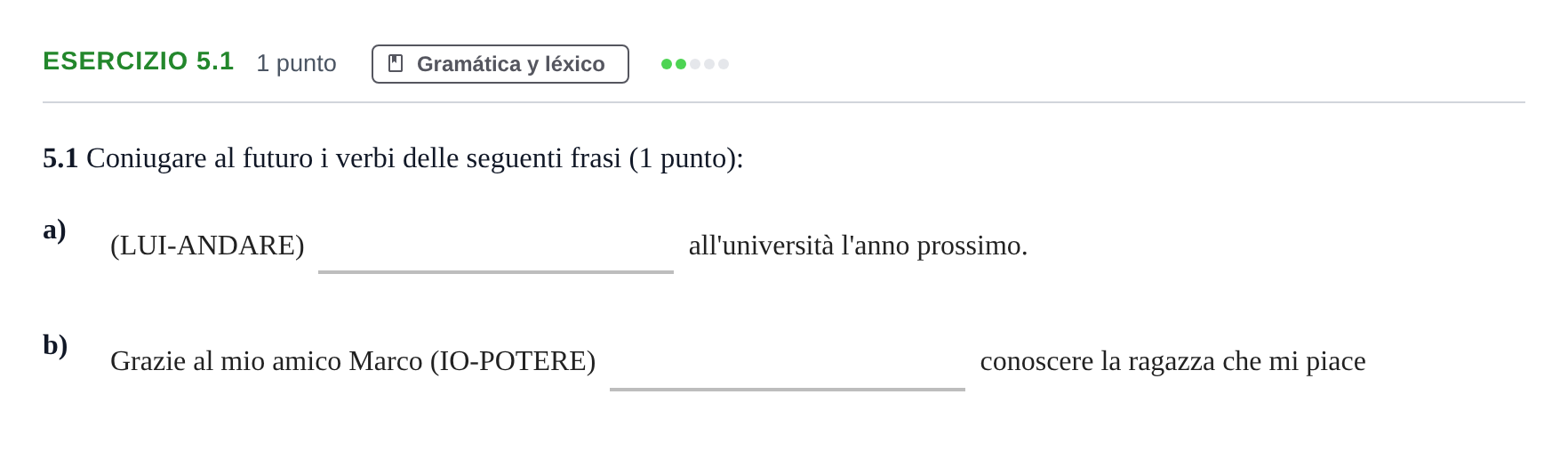 Enunciado: Ejercicio 5.1 · Italiano PAU Andalucía Examen 8 2020