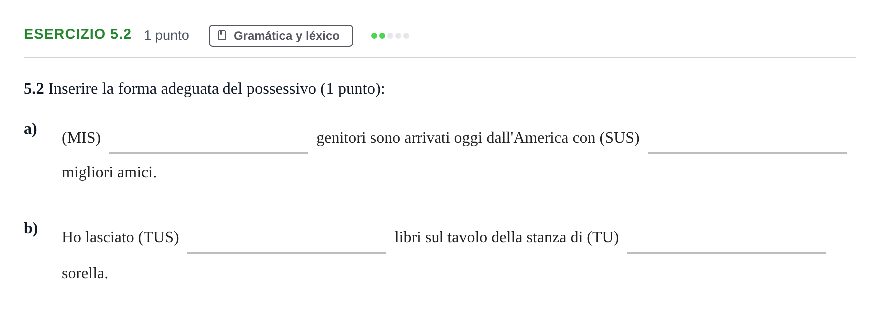 Enunciado: Ejercicio 5.2 · Italiano PAU Andalucía Examen 8 2020