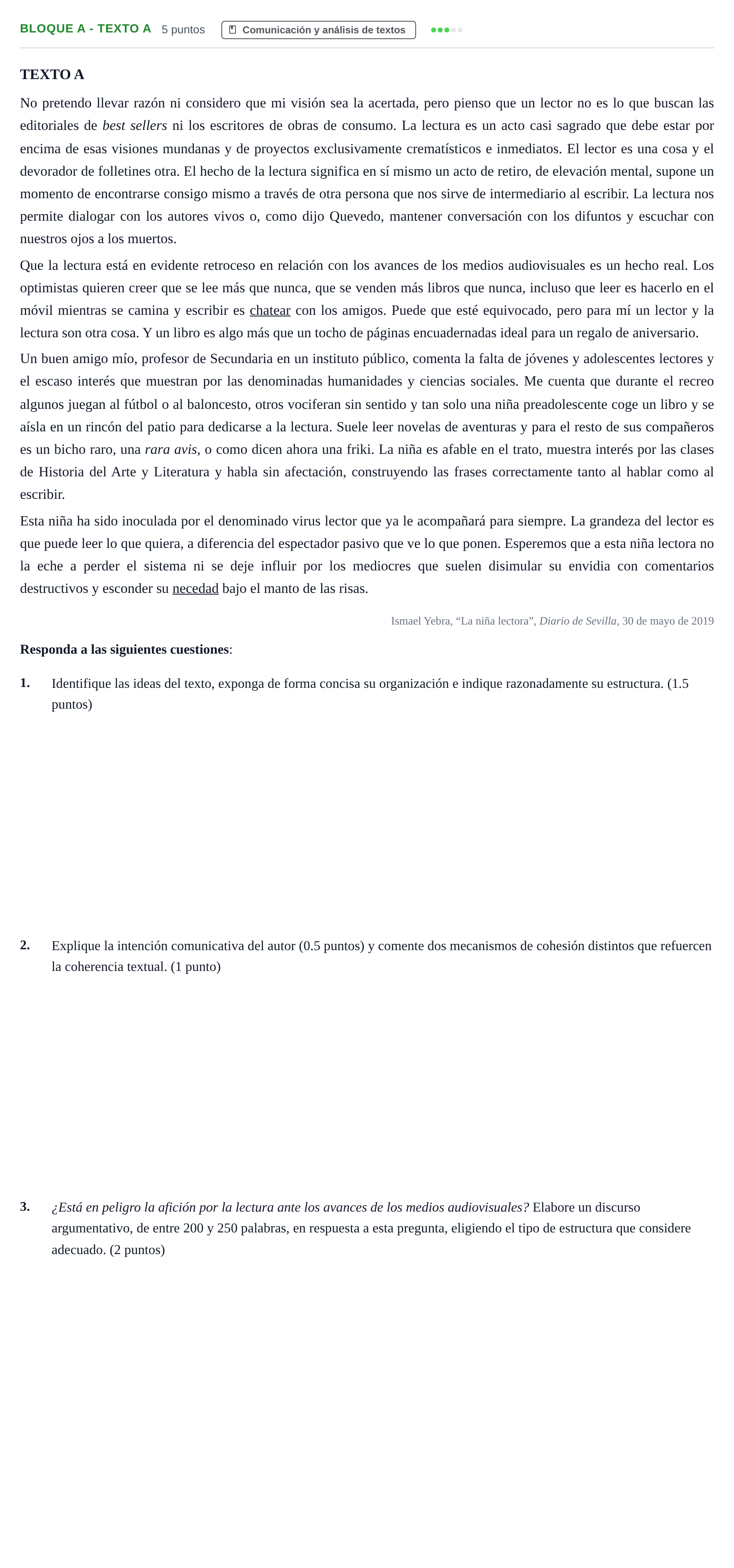 Enunciado: Bloque A - Texto A · Lengua Castellana y Literatura II PAU Andalucía Examen A 2020