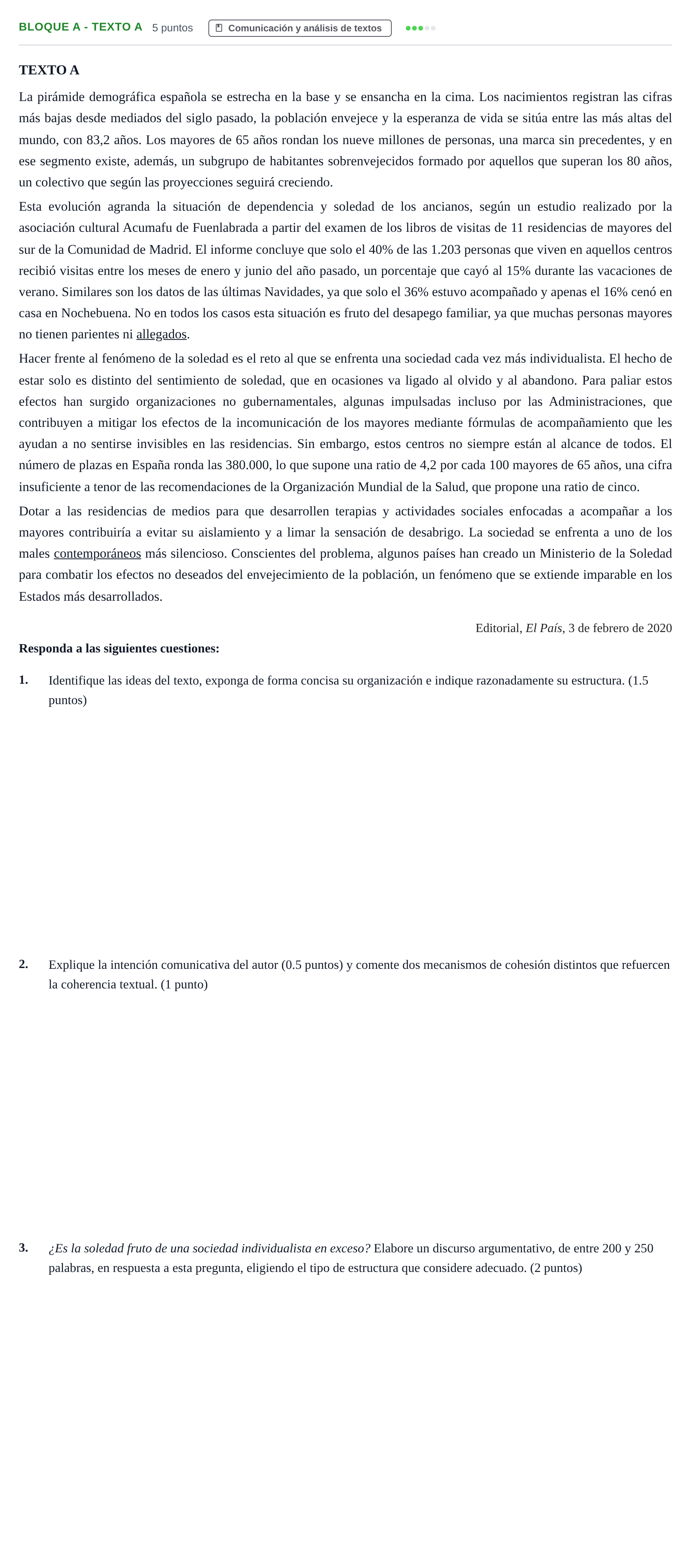 Enunciado: Bloque A - Texto A · Lengua Castellana y Literatura II PAU Andalucía Examen B 2020