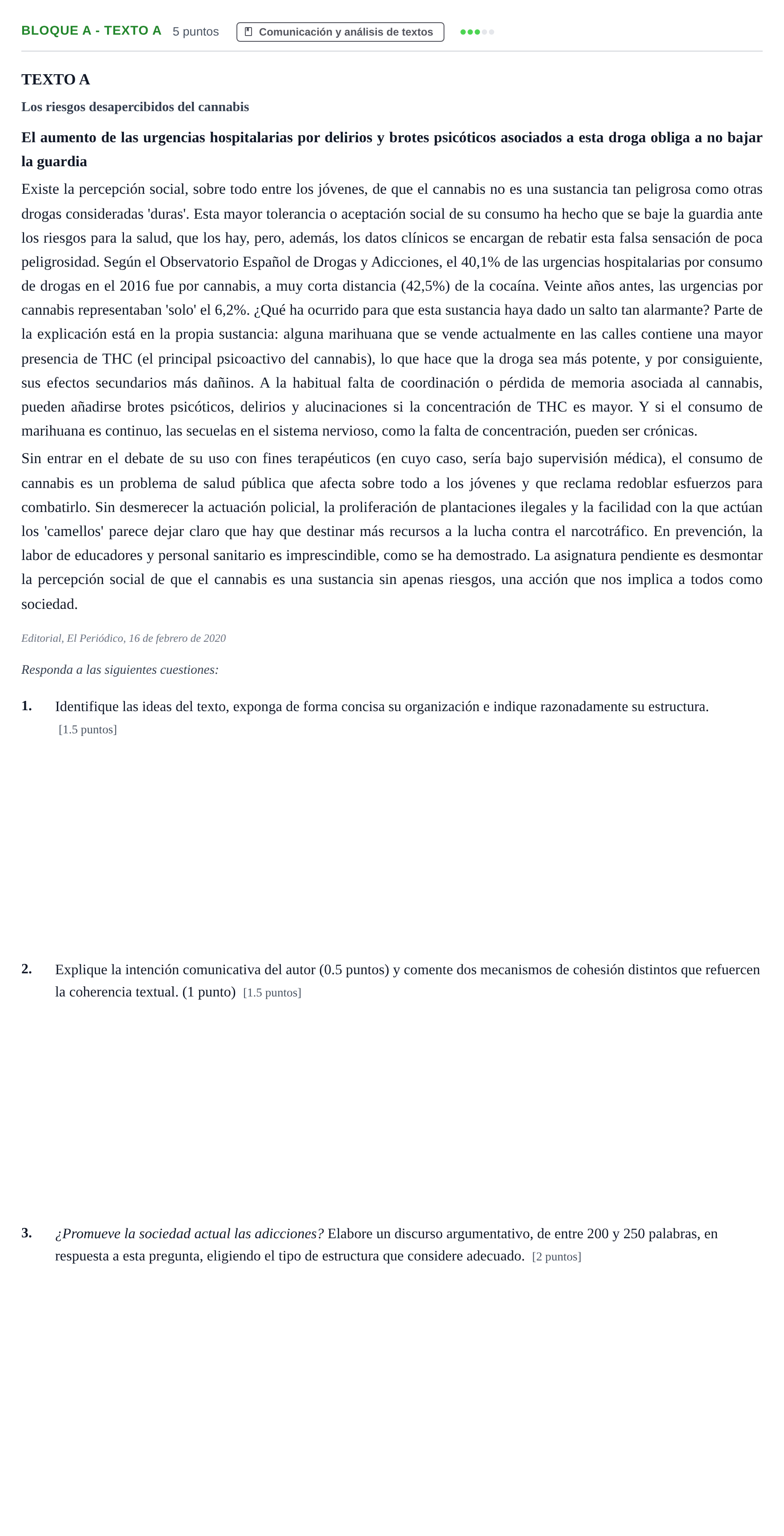 Enunciado: Bloque A - Texto A · Lengua Castellana y Literatura II PAU Andalucía Examen C 2020