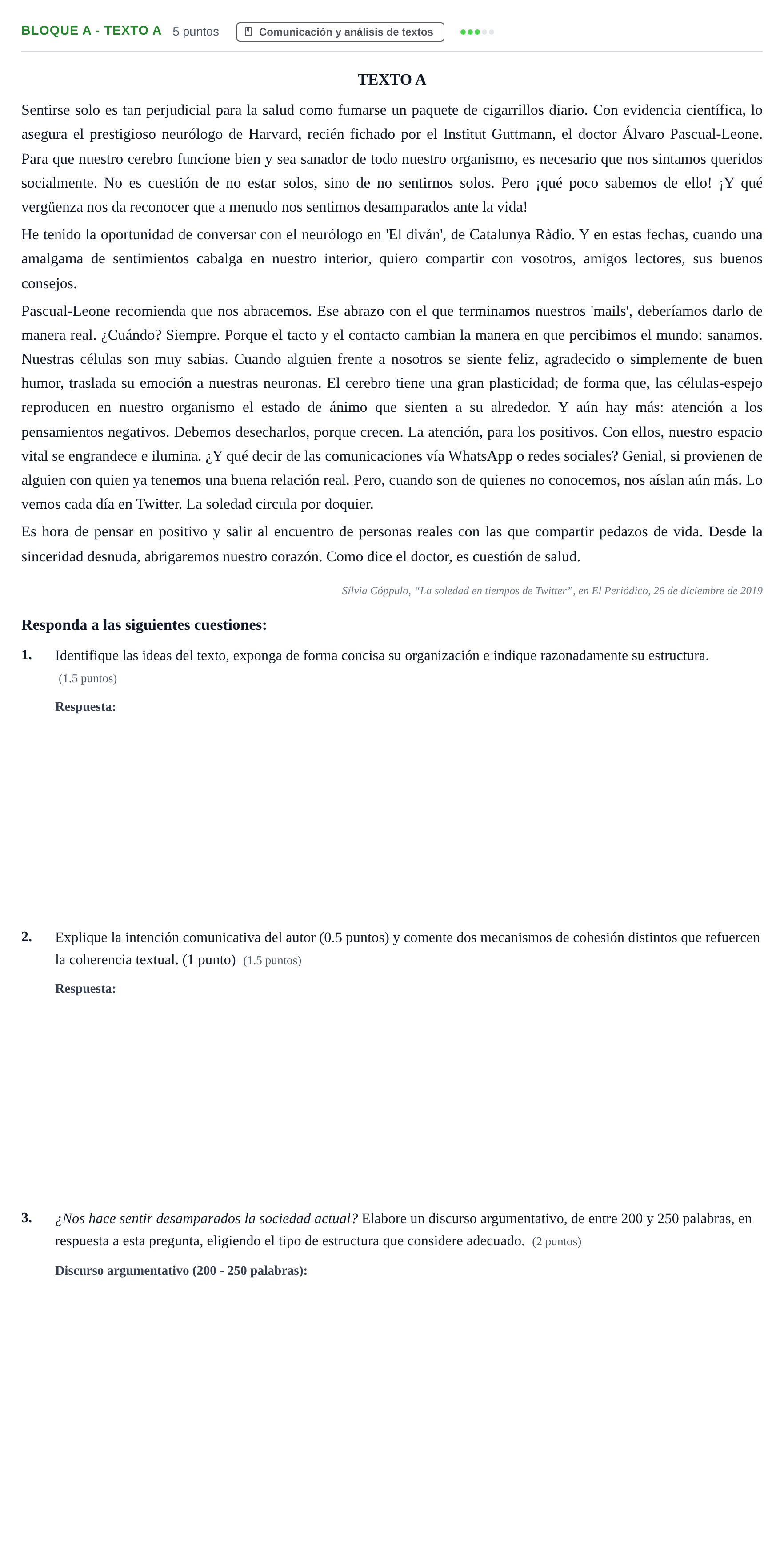 Enunciado: Bloque A - Texto A · Lengua Castellana y Literatura II PAU Andalucía Examen D 2020