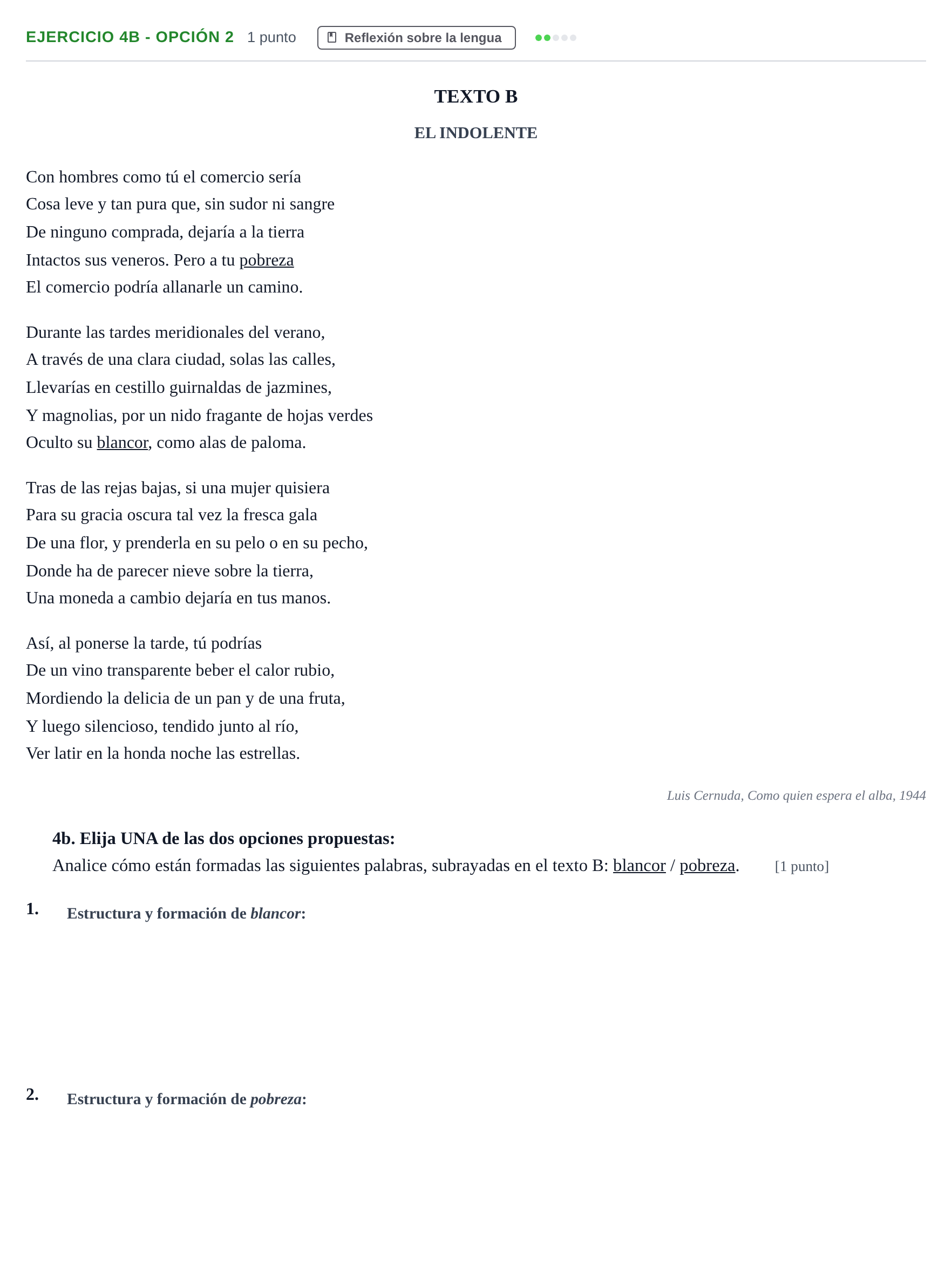 Enunciado: Ejercicio 4b - Opción 2 · Lengua Castellana y Literatura II PAU Andalucía Examen D 2020