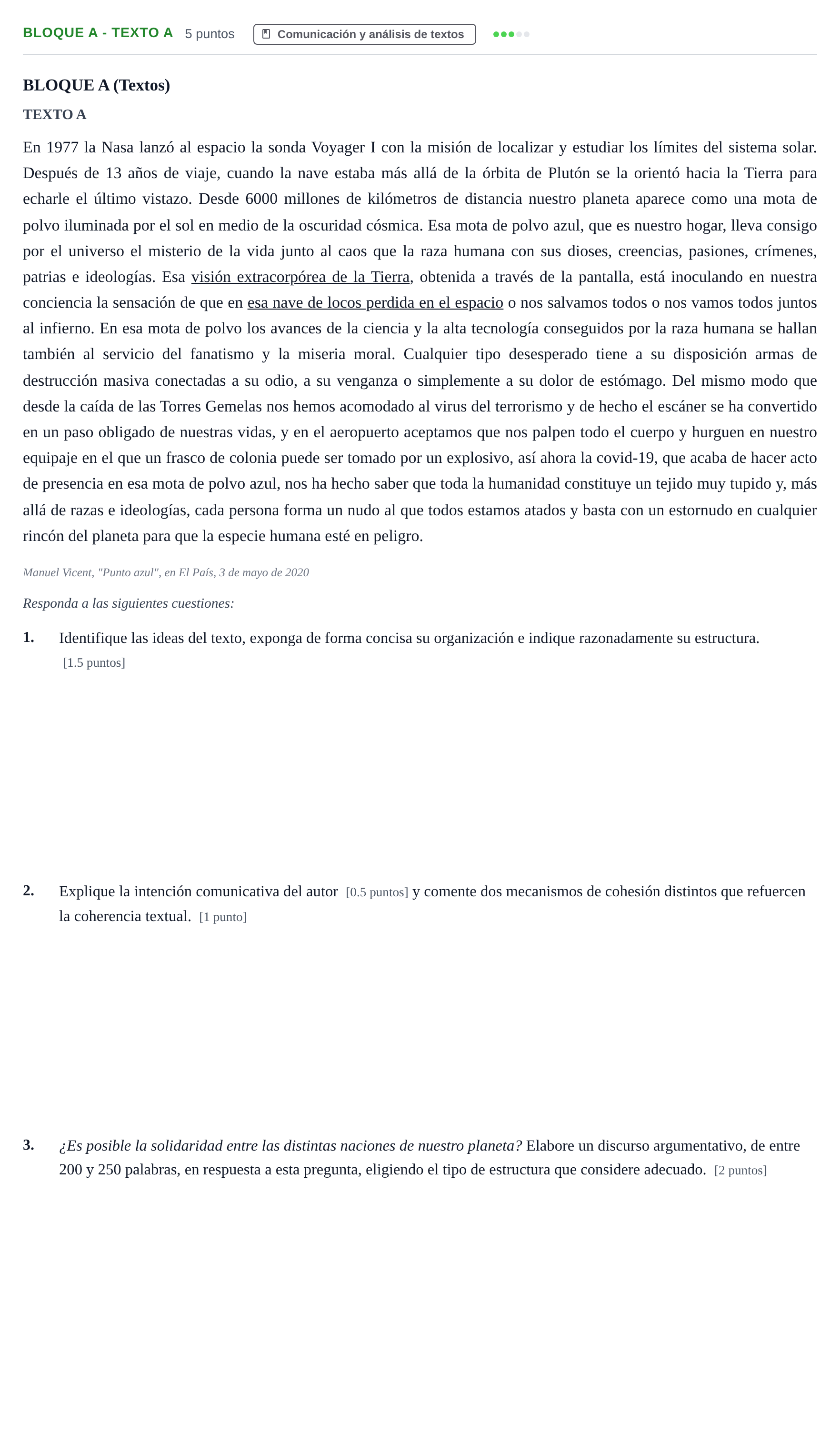 Enunciado: Bloque A - Texto A · Lengua Castellana y Literatura II PAU Andalucía Examen F 2020