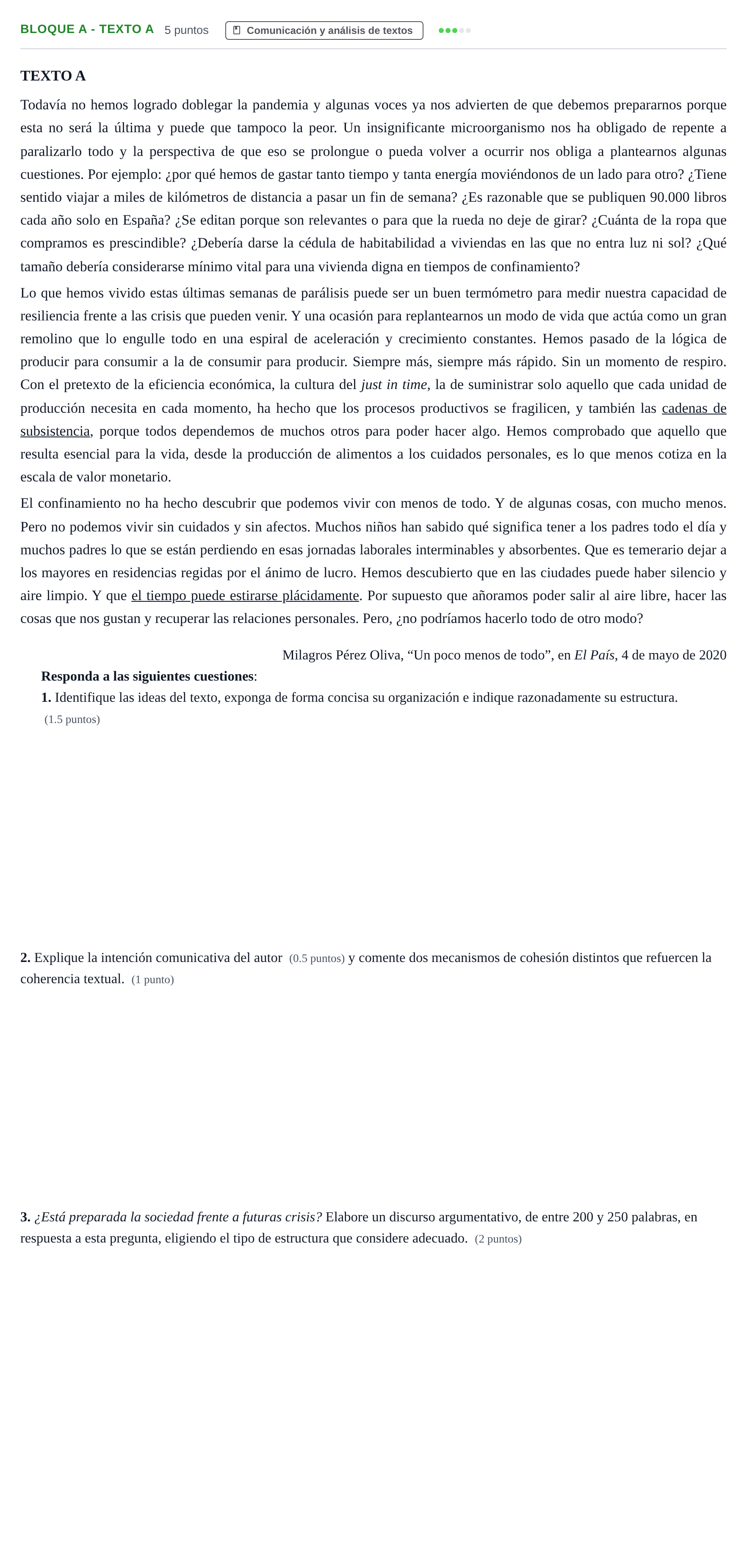 Enunciado: Bloque A - Texto A · Lengua Castellana y Literatura II PAU Andalucía Examen E 2020