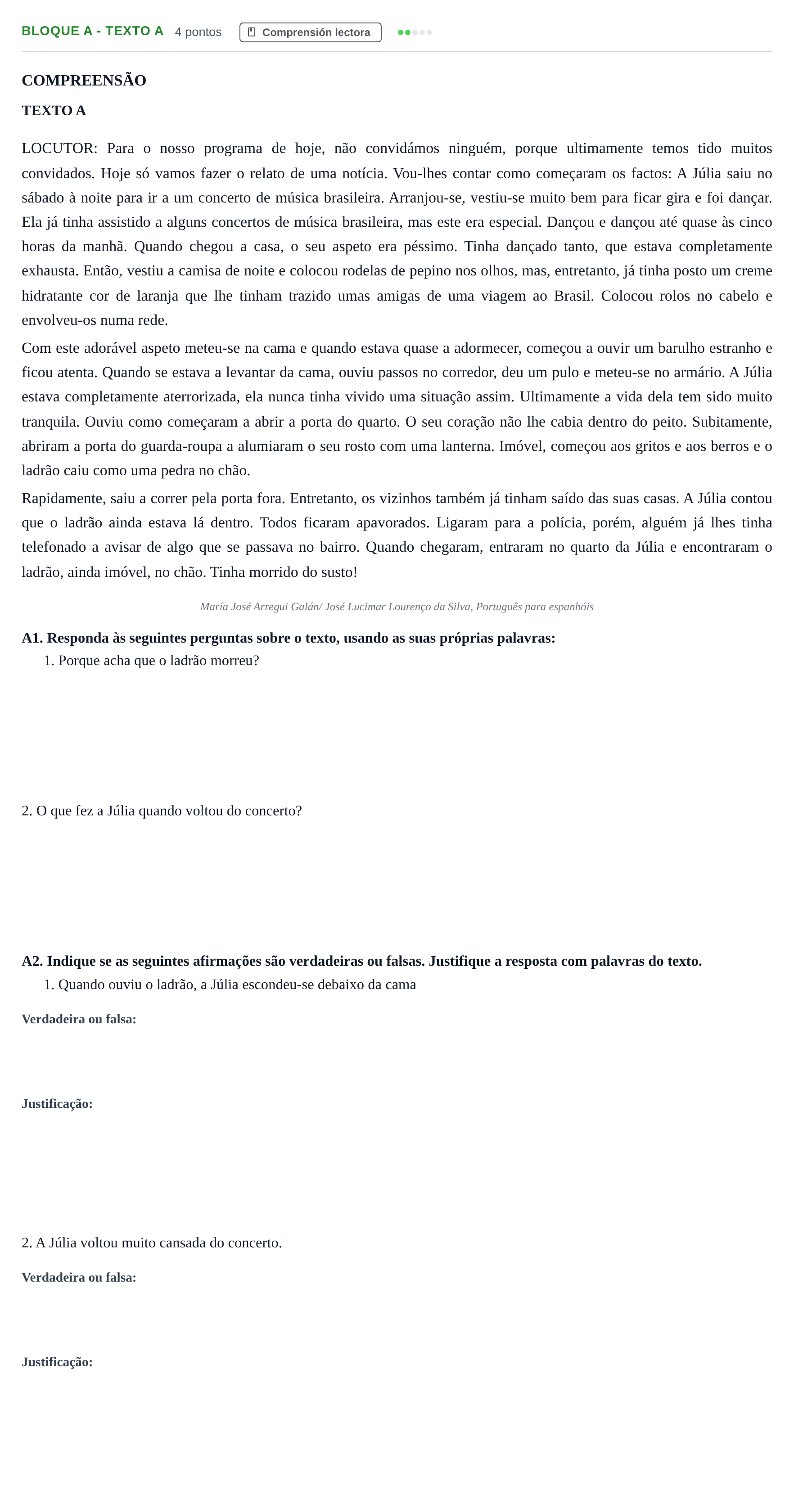 Enunciado: Bloque A - Texto A · Portugués PAU Andalucía Examen 1 2020