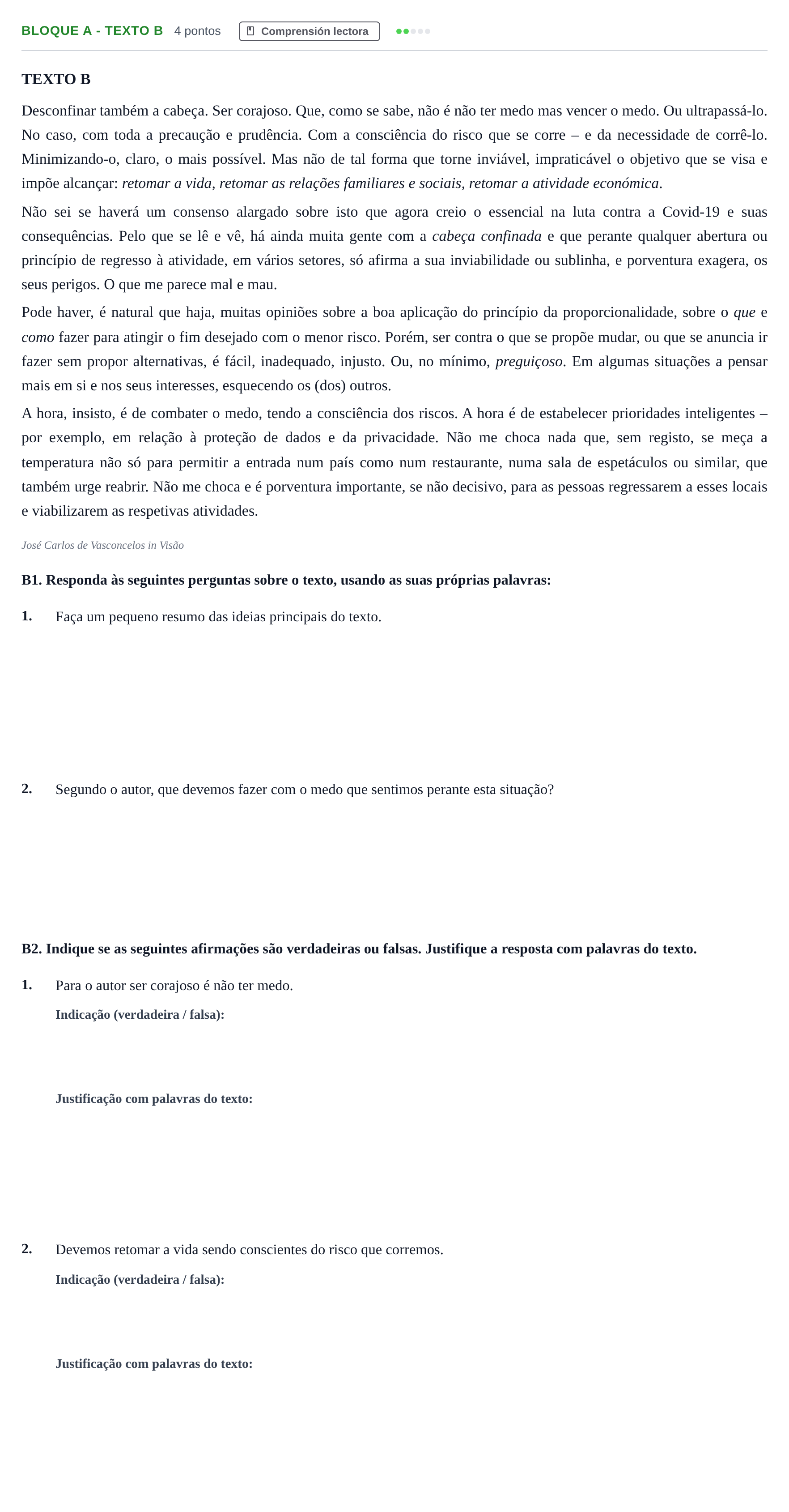 Enunciado: Bloque A - Texto B · Portugués PAU Andalucía Examen 1 2020