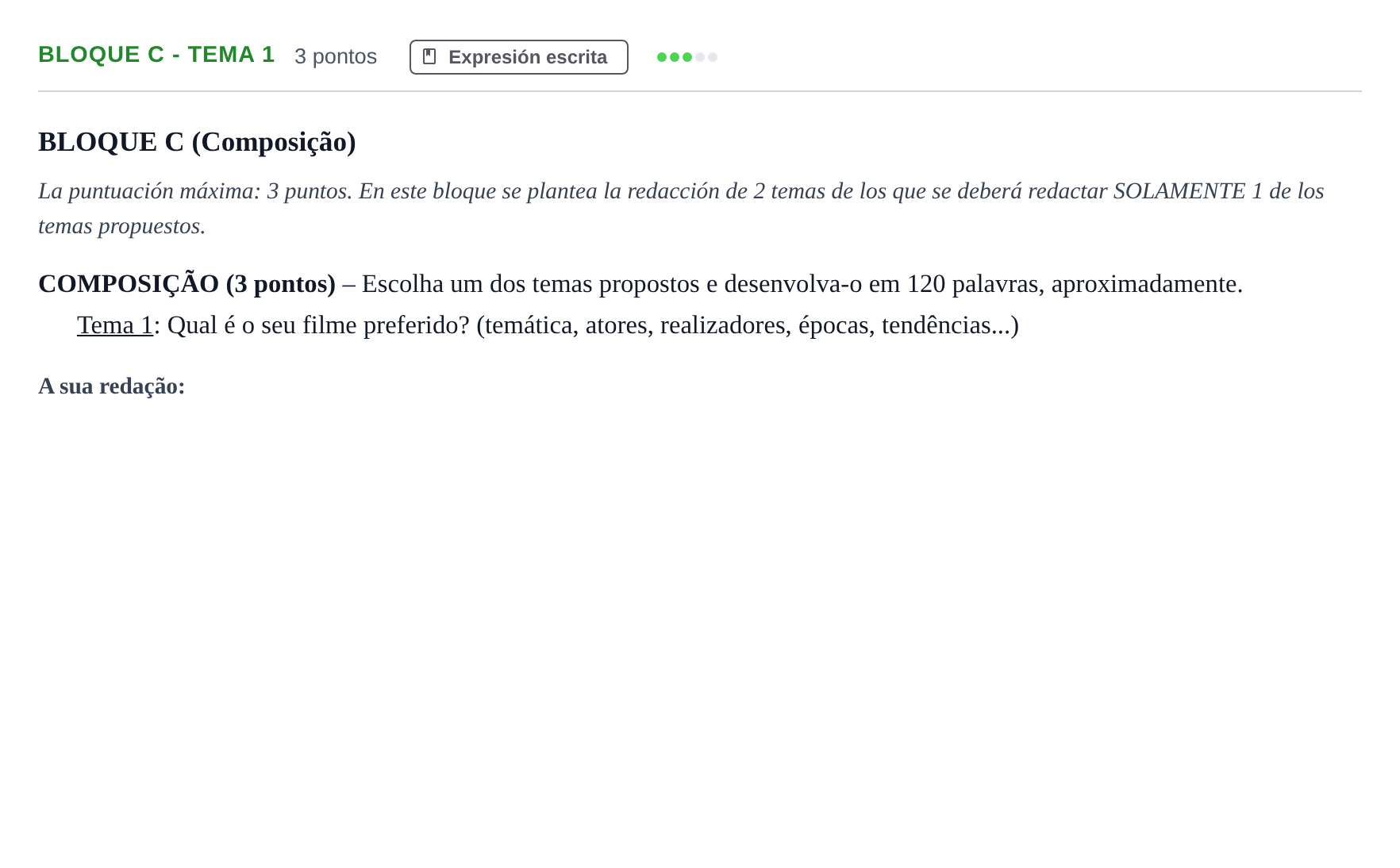 Enunciado: Bloque C - Tema 1 · Portugués PAU Andalucía Examen 1 2020