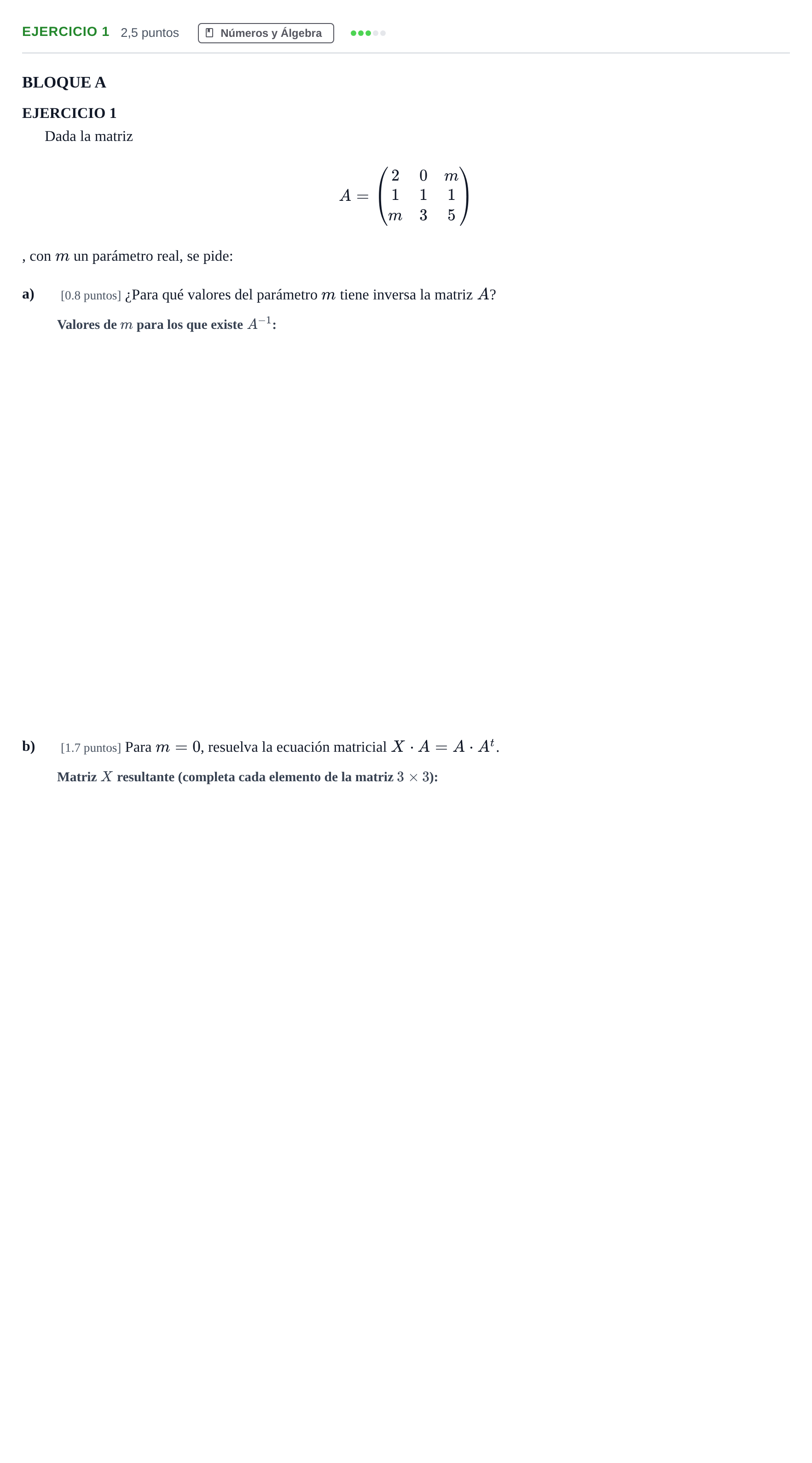 Enunciado: Ejercicio 1 · Matemáticas aplicadas a las Ciencias Sociales II PAU Andalucía Examen F 2020