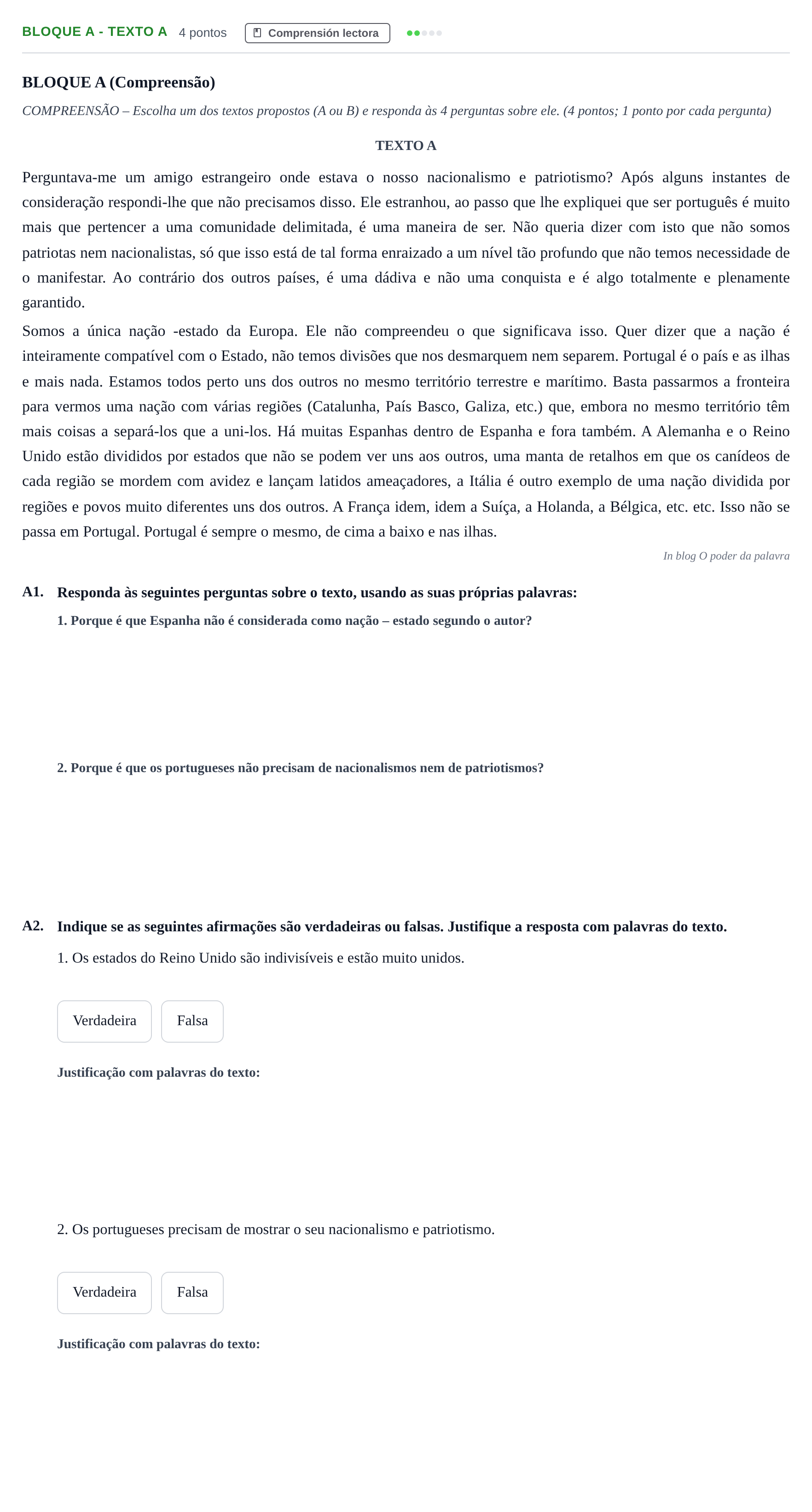 Enunciado: Bloque A - Texto A · Portugués PAU Andalucía Examen 2 2020