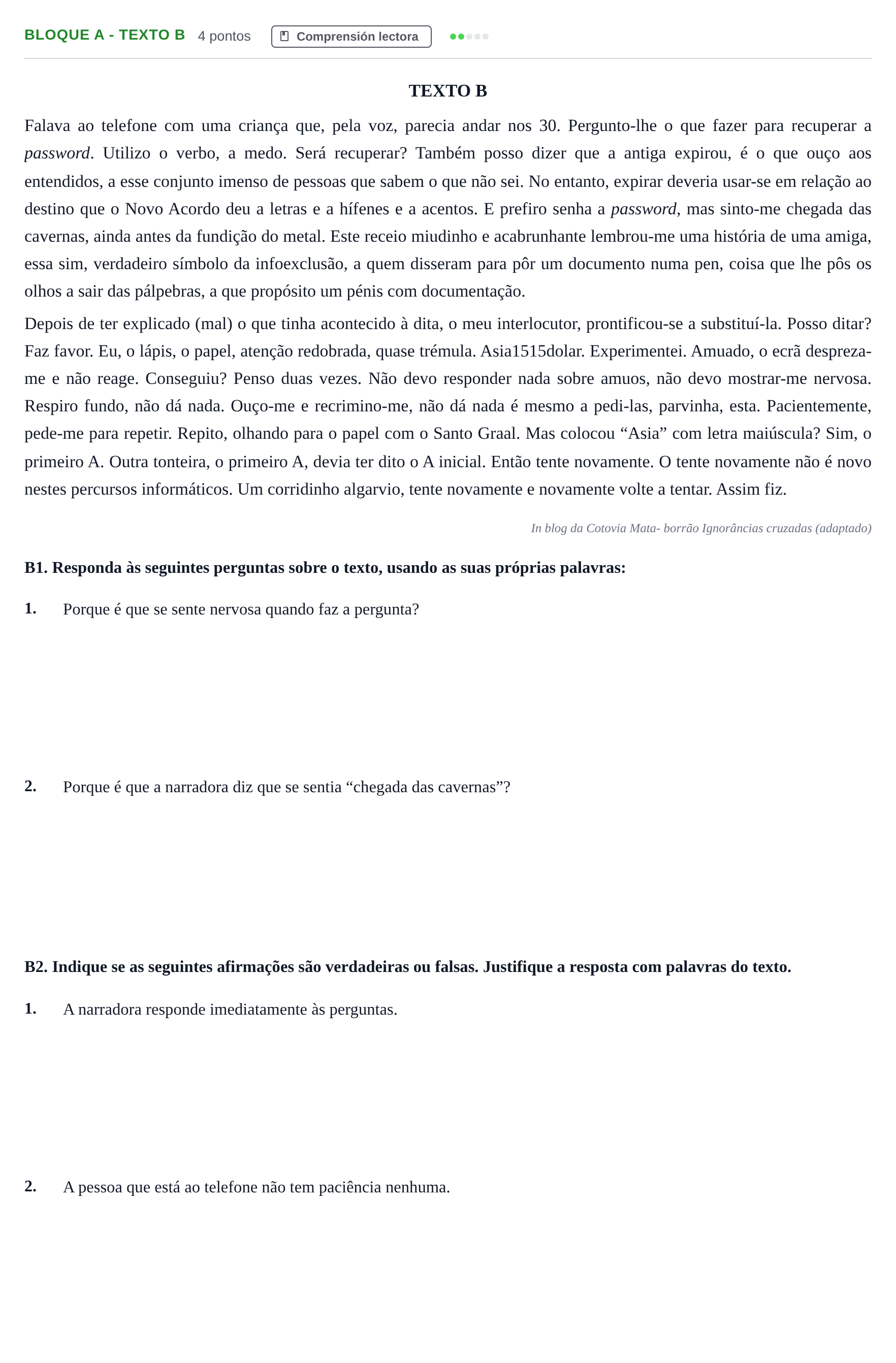 Enunciado: Bloque A - Texto B · Portugués PAU Andalucía Examen 2 2020