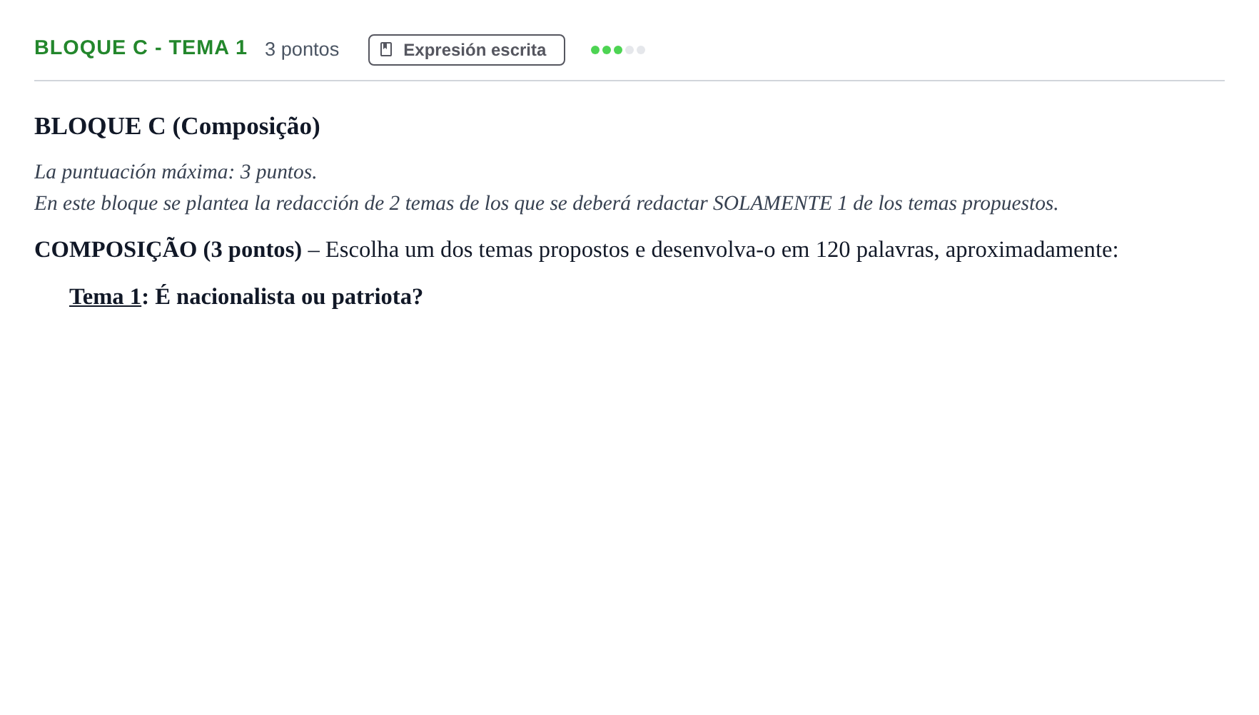 Enunciado: Bloque C - Tema 1 · Portugués PAU Andalucía Examen 2 2020
