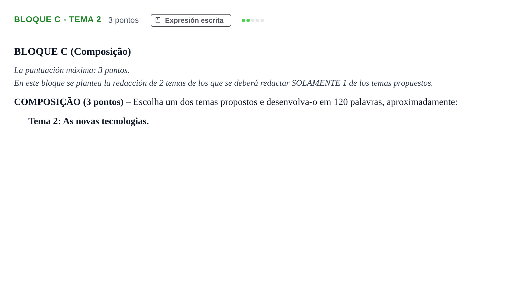 Enunciado: Bloque C - Tema 2 · Portugués PAU Andalucía Examen 2 2020