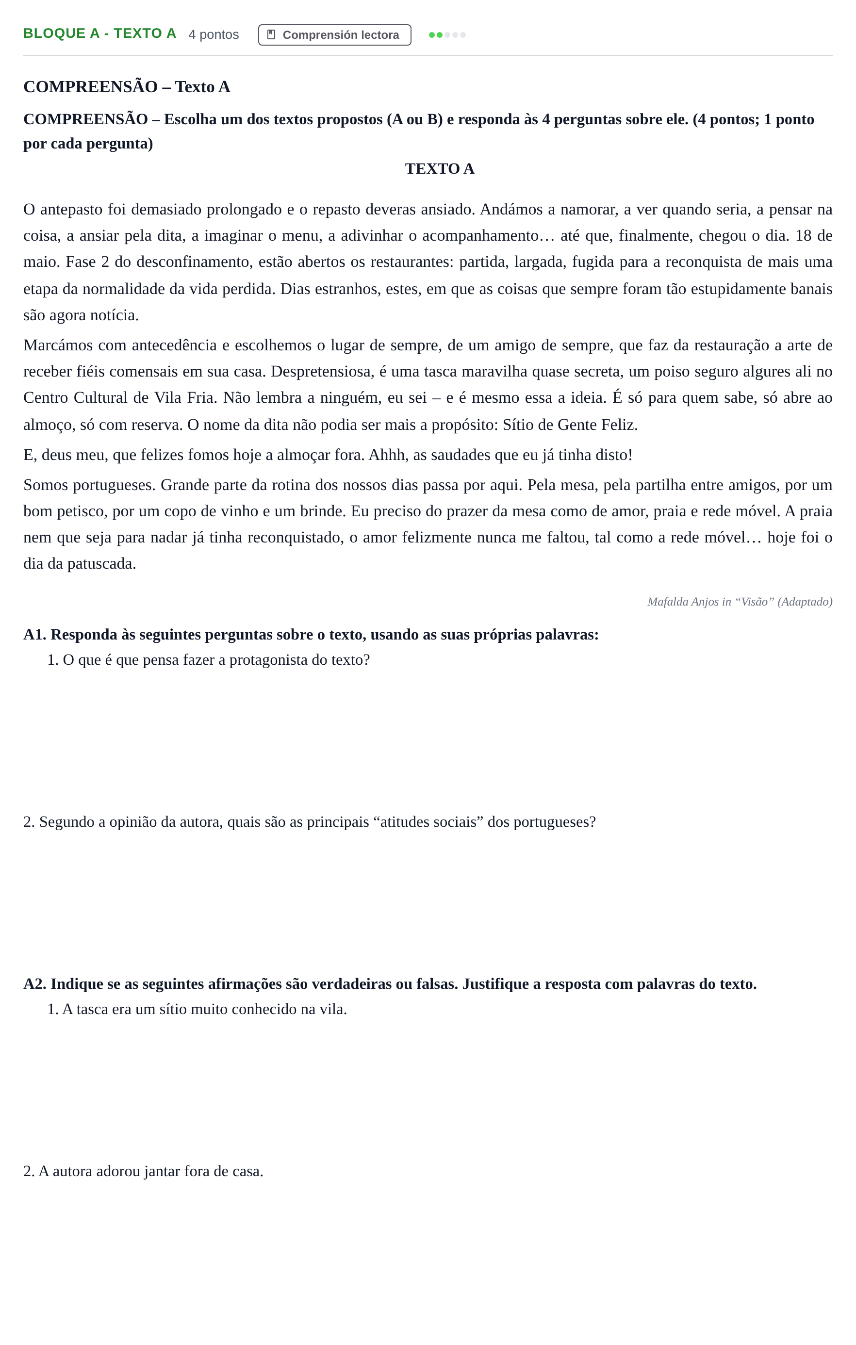 Enunciado: Bloque A - Texto A · Portugués PAU Andalucía Examen 4 2020