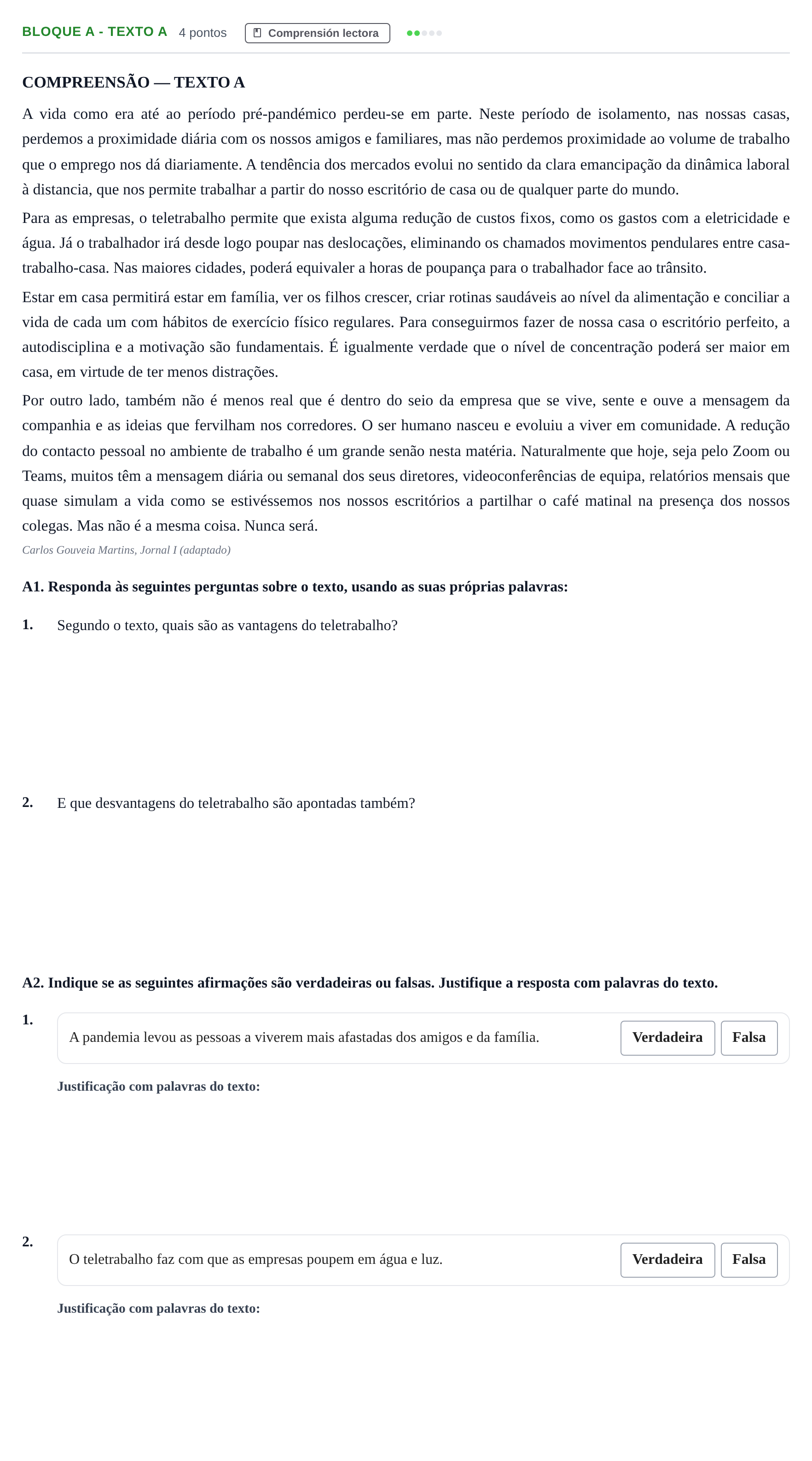 Enunciado: Bloque A - Texto A · Portugués PAU Andalucía Examen 5 2020