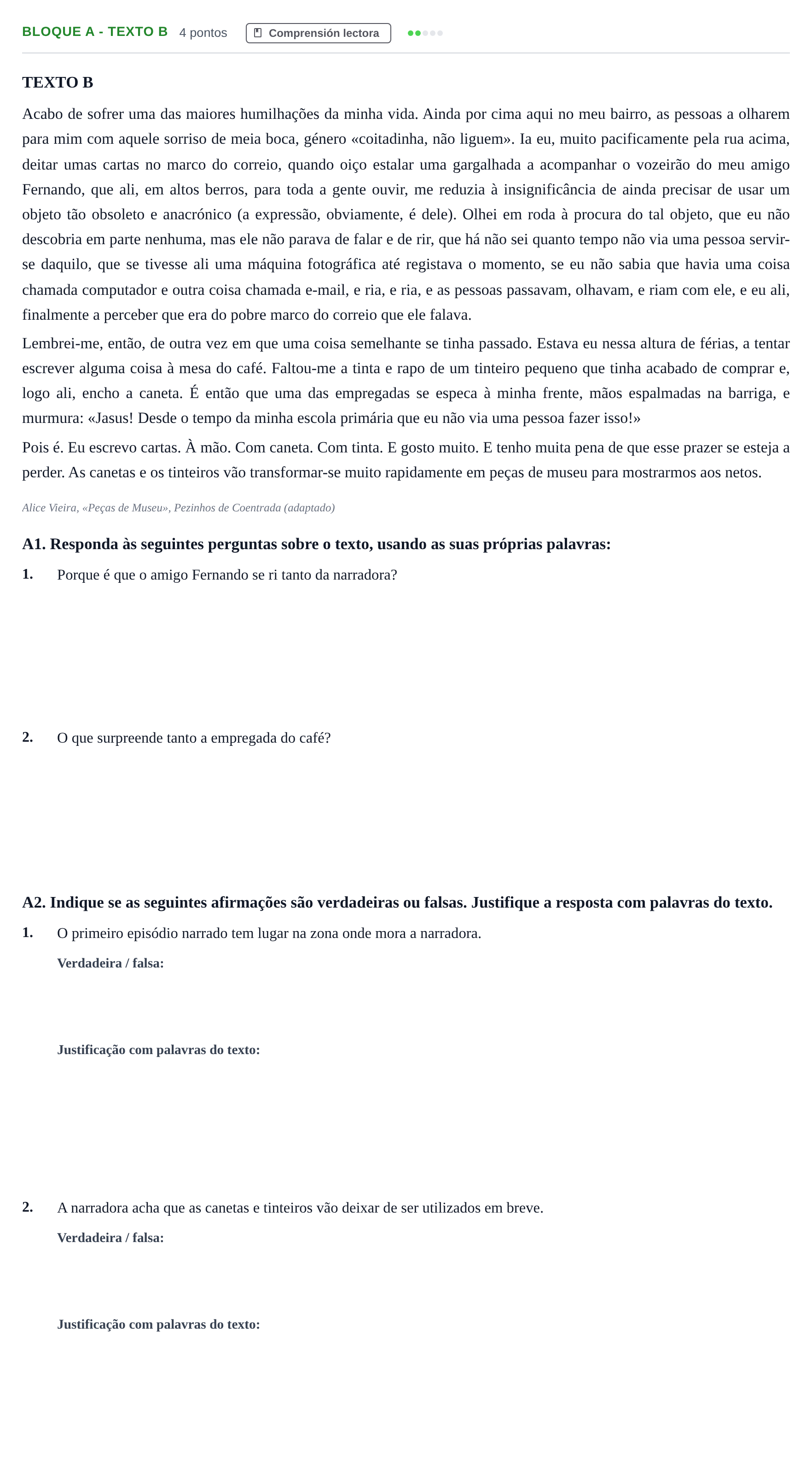Enunciado: Bloque A - Texto B · Portugués PAU Andalucía Examen 5 2020