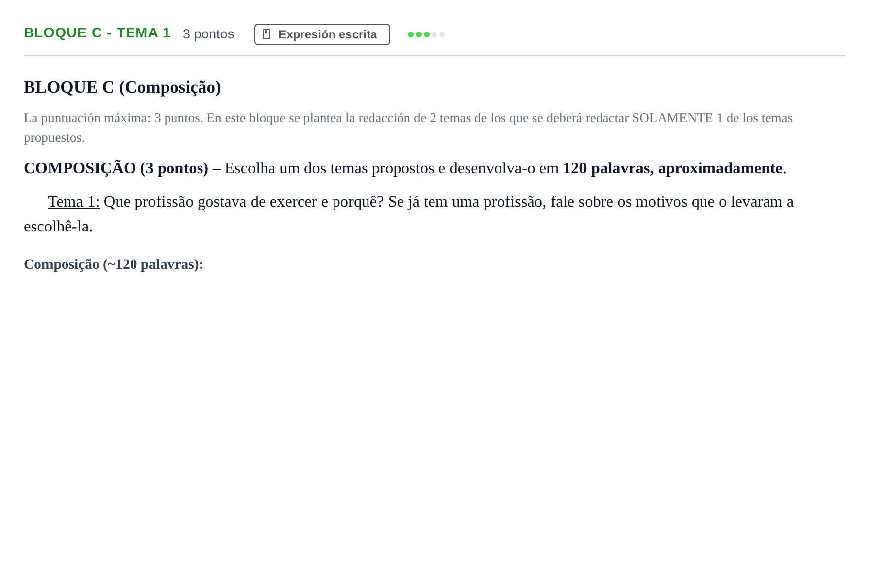 Enunciado: Bloque C - Tema 1 · Portugués PAU Andalucía Examen 5 2020